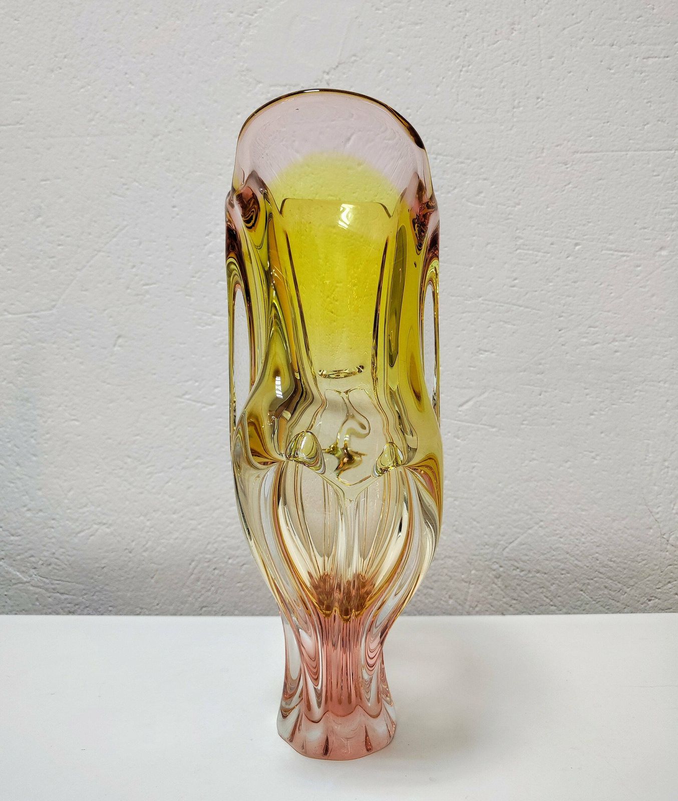 Xl Mid Century Vase By Josef Hospodka // Large, Handmade, Vintage Pink And Yellow Glass Vase // Made In Czechoslovakia In 1960s photo furniture