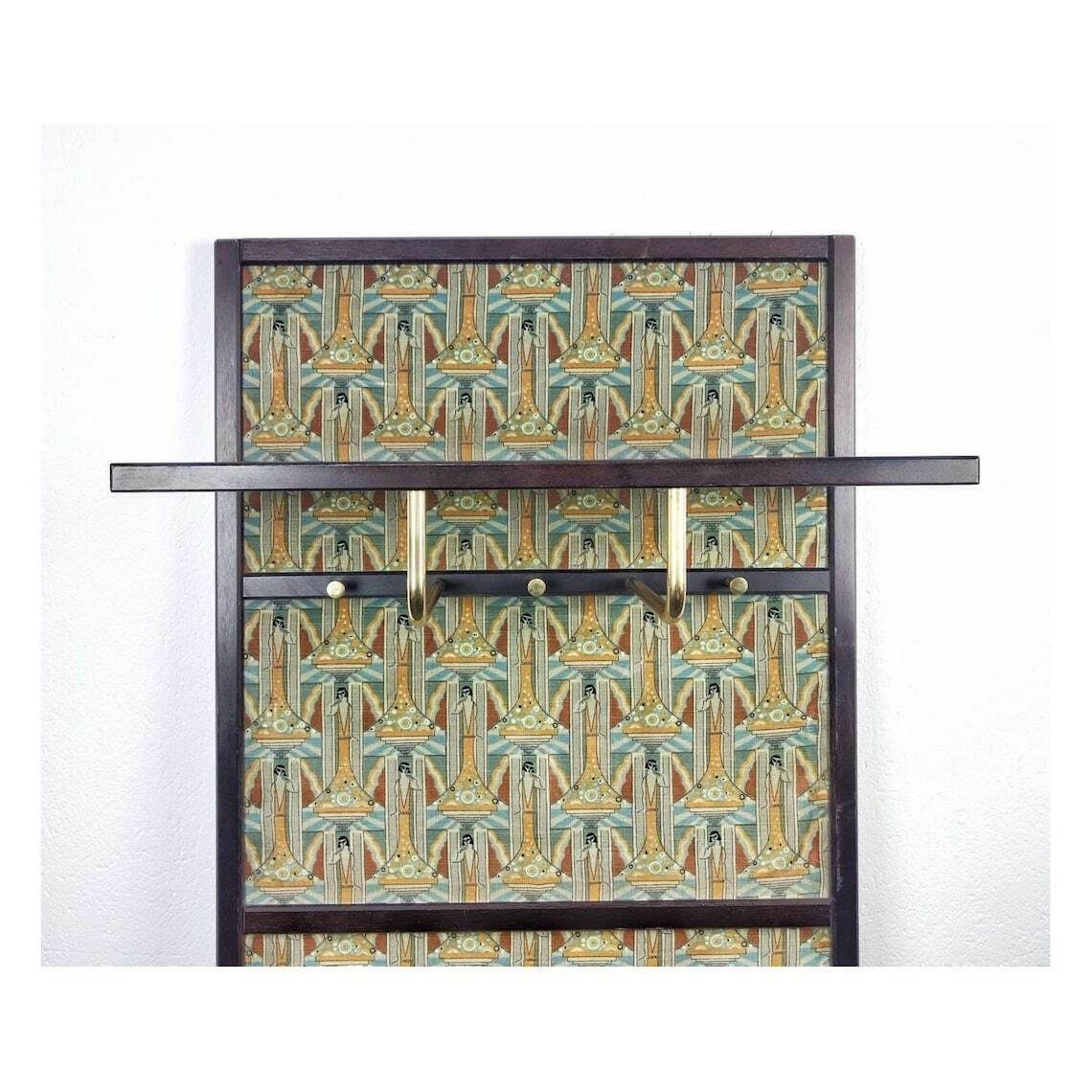 Antique Wall Mounted Coat Rack // Art Deco Coat Rack In Wood, Brass And Fabric With Klimt Esque Motifs // Made In Austria In 1920s