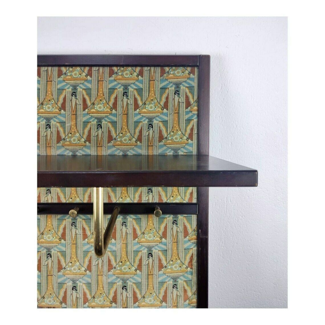 Antique Wall Mounted Coat Rack // Art Deco Coat Rack In Wood, Brass And Fabric With Klimt Esque Motifs // Made In Austria In 1920s photo vinterior