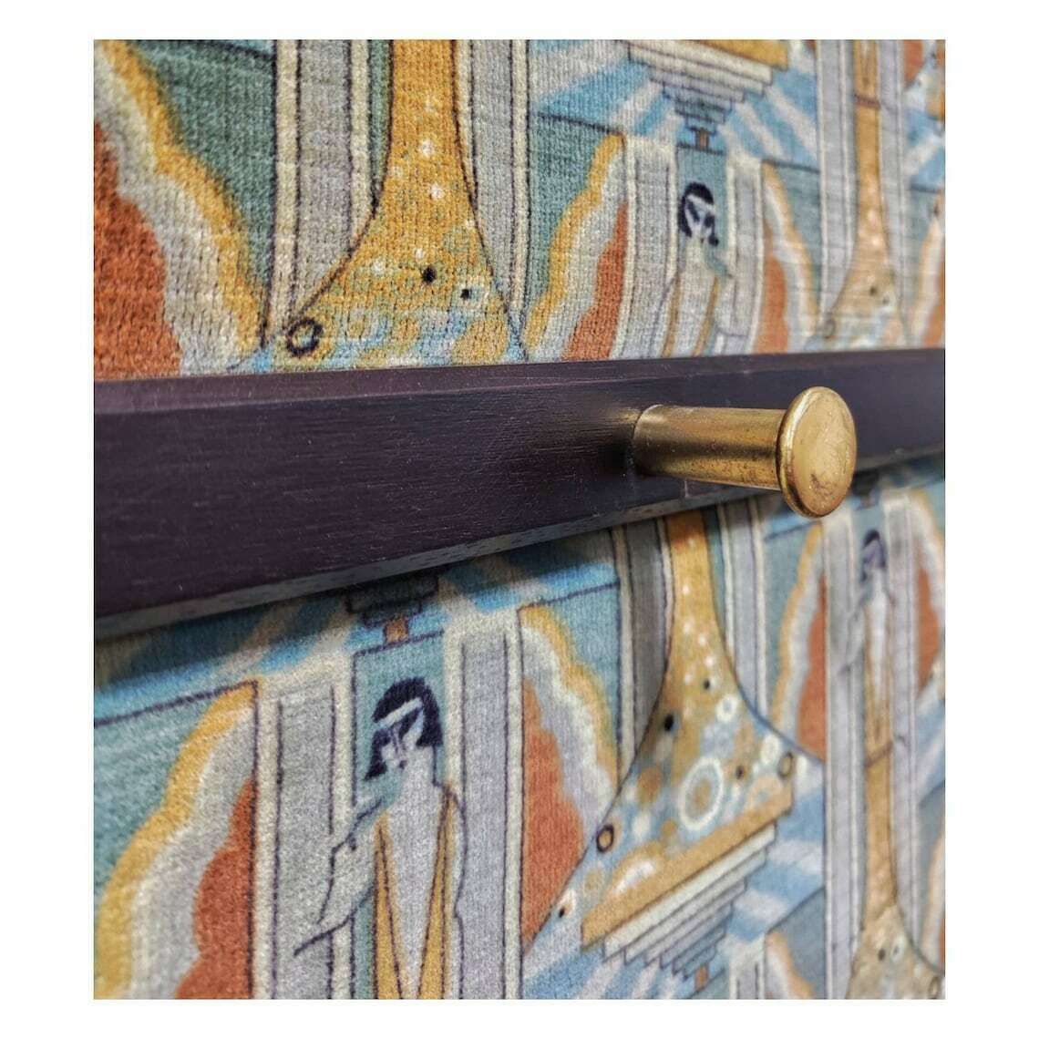 Antique Wall Mounted Coat Rack // Art Deco Coat Rack In Wood, Brass And Fabric With Klimt Esque Motifs // Made In Austria In 1920s photo buy