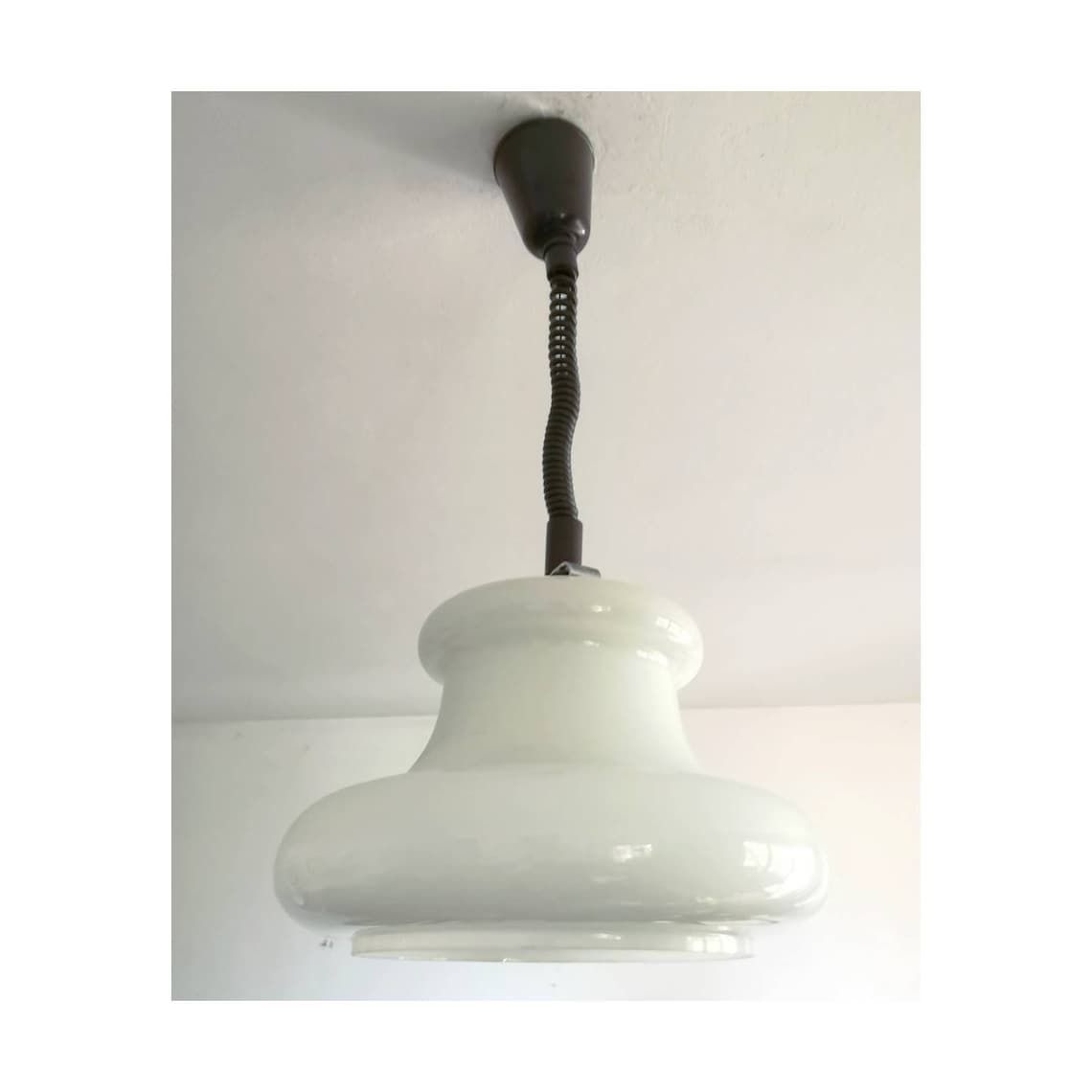 1970s Space Age White Opaline Glass Hanging Lamp // Mid Century Modern Glass Pendant Light // Made In Yugoslavia photo Lighting