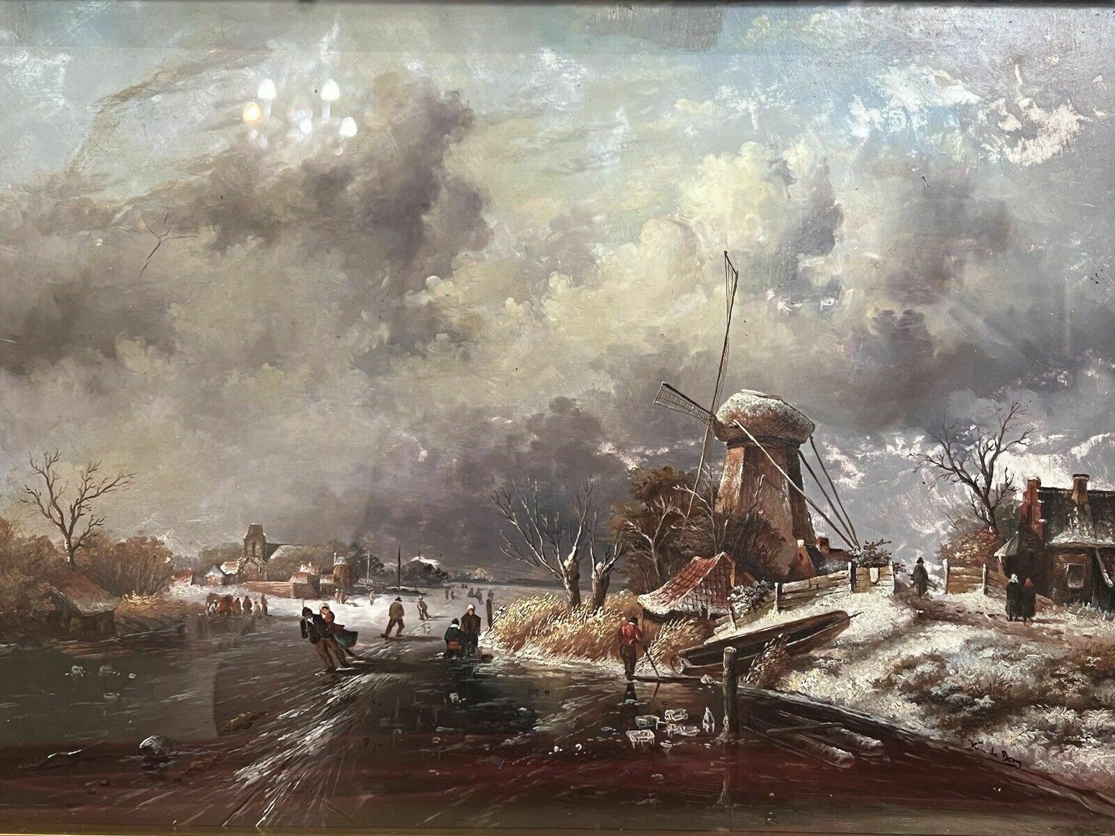 20th Century Dutch Winter Landscape Of Frozen River Ice Skating Scene Signed photo Art