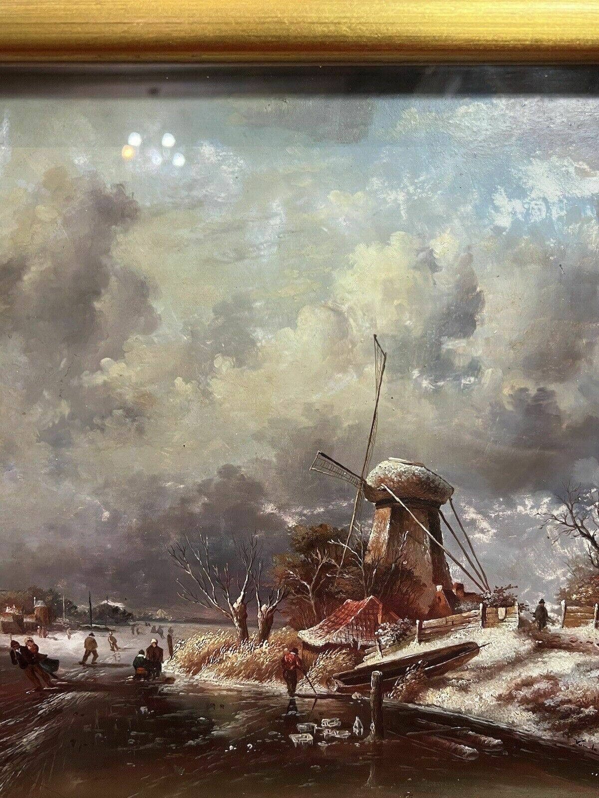 photo vinterior 20th Century Dutch Winter Landscape Of Frozen River Ice Skating Scene Signed
