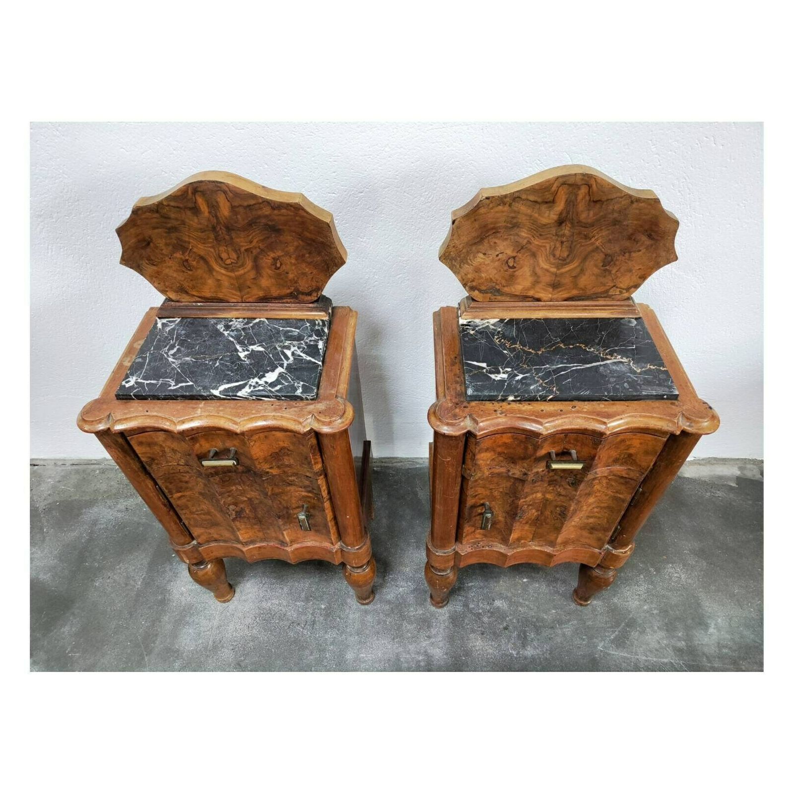 Pair Of Antique Nightstands In Walnut Burl And Marble // Art Deco Nightstands // Art Deco Bedside Cabinets // Made In Italy In 1920s photo vinterior
