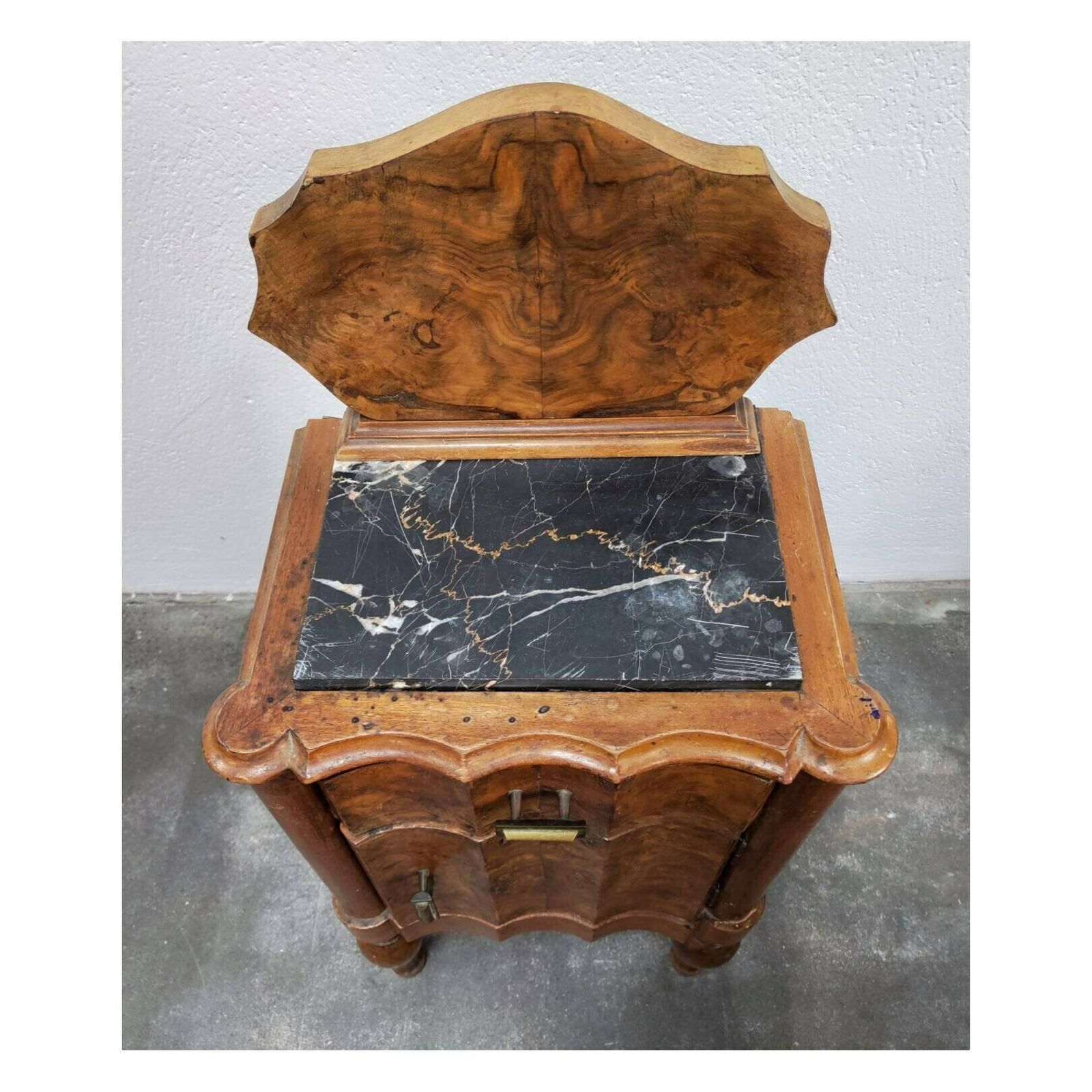 Pair Of Antique Nightstands In Walnut Burl And Marble // Art Deco Nightstands // Art Deco Bedside Cabinets // Made In Italy In 1920s photo vintage