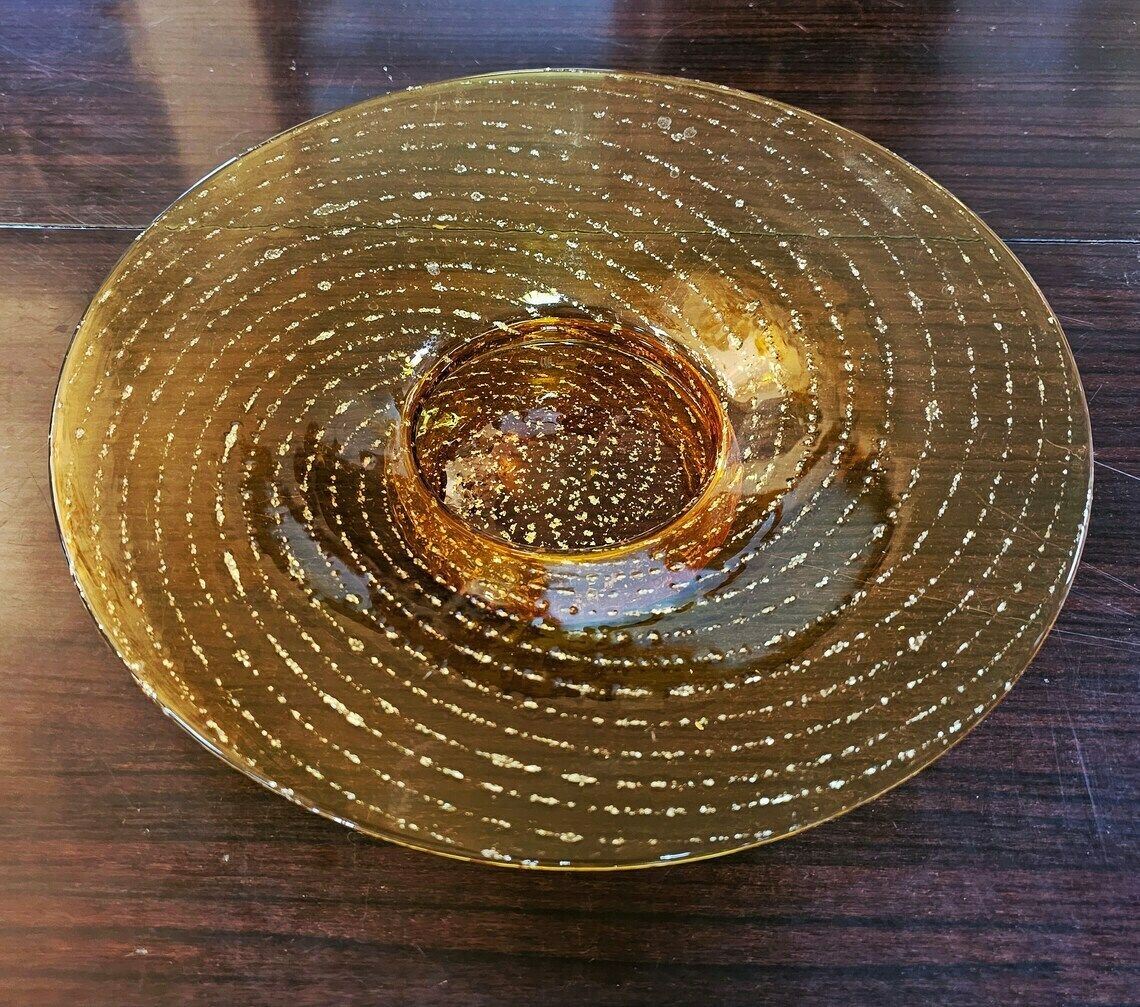 Mid Century Modern Yellow Murano Art Glass Decorative Plate With Golden Dust // Made In Italy In 1960s photo vintage