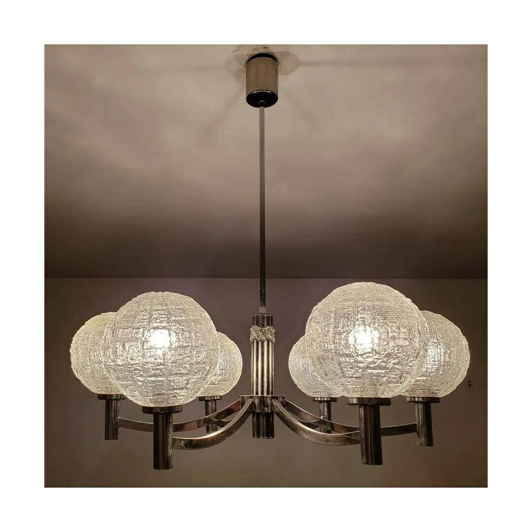 Mid Century Modern Chandelier By Honsel // Extra Large Vintage Chandelier With Textured Glass Balls // Made In West Germany In 1970s