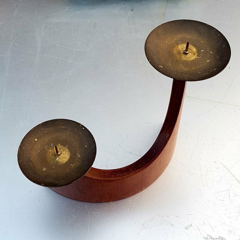 Curved Danish Teak Candle Holder For Two Candles 1960s photo furniture
