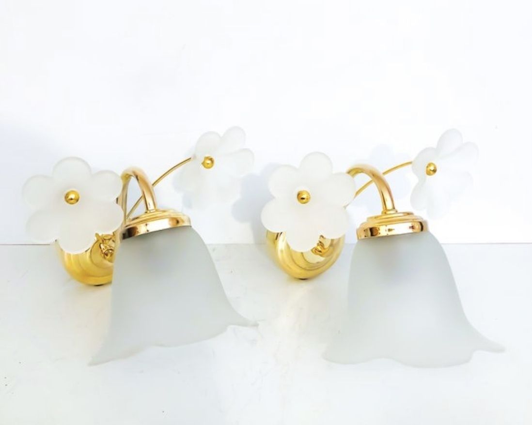 Set Van 2 Messing Art Deco Muurlampen Bloem – Set Of 2 Brass Art Deco Wall Lamps Flower, 1950 – 1974