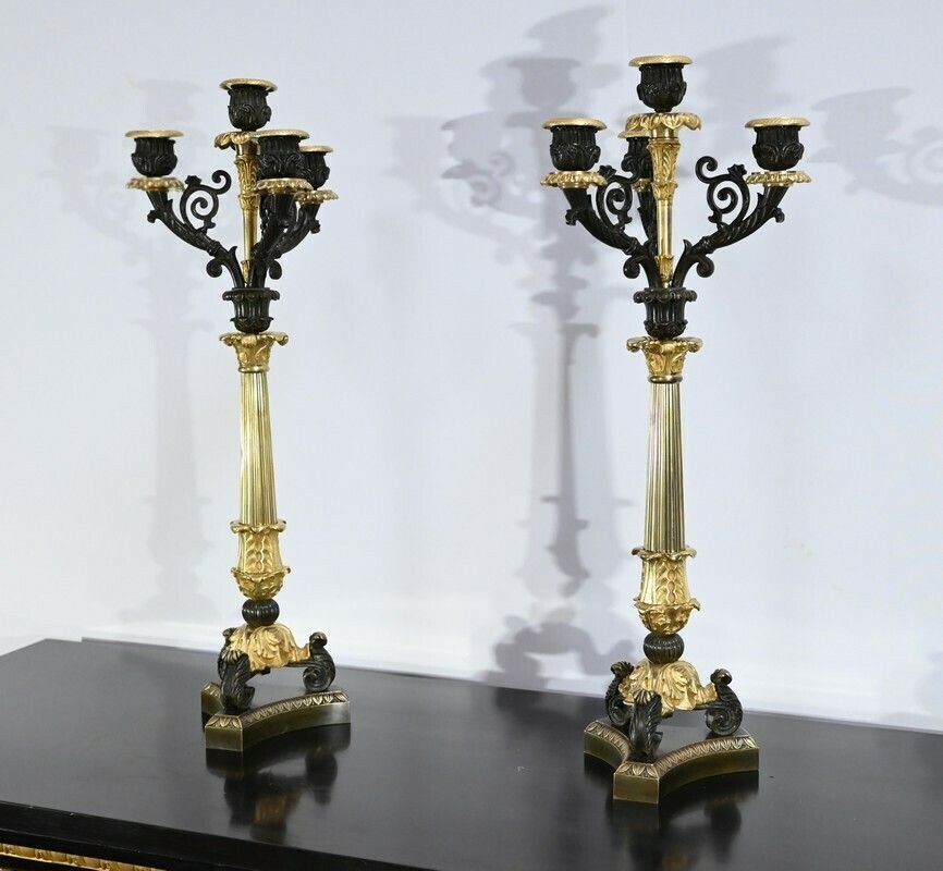 Pair Of Bronze Candlesticks With Double Patina, Restoration Period – Early 19th Century photo Home Decor