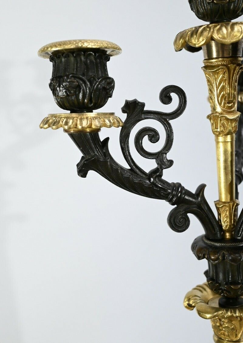 Pair Of Bronze Candlesticks With Double Patina, Restoration Period – Early 19th Century photo vintage