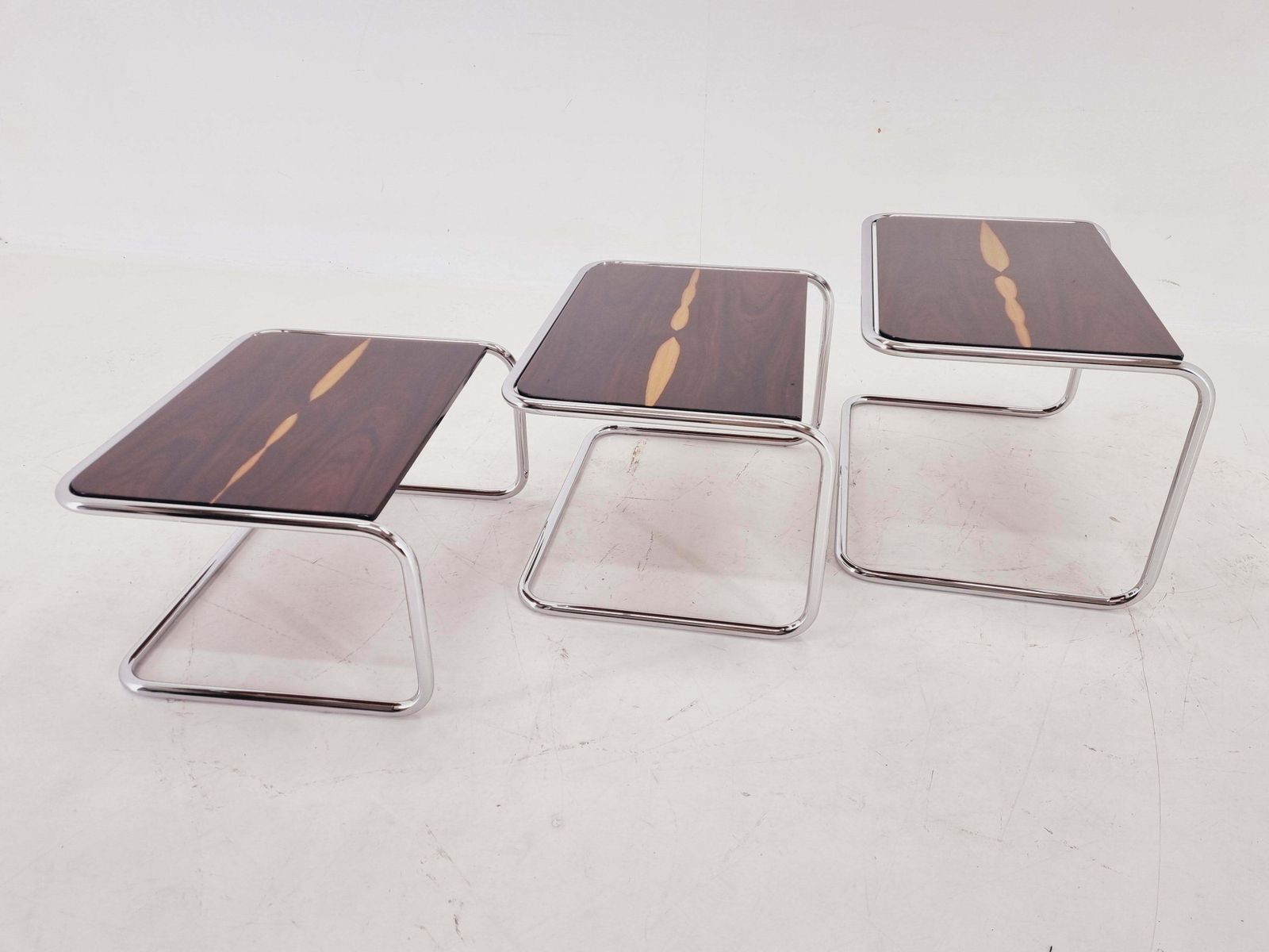 photo buy Exclusive Rare Midcentury Nesting Tables, Cocobolo Palisandr And Chrome, 1950s.