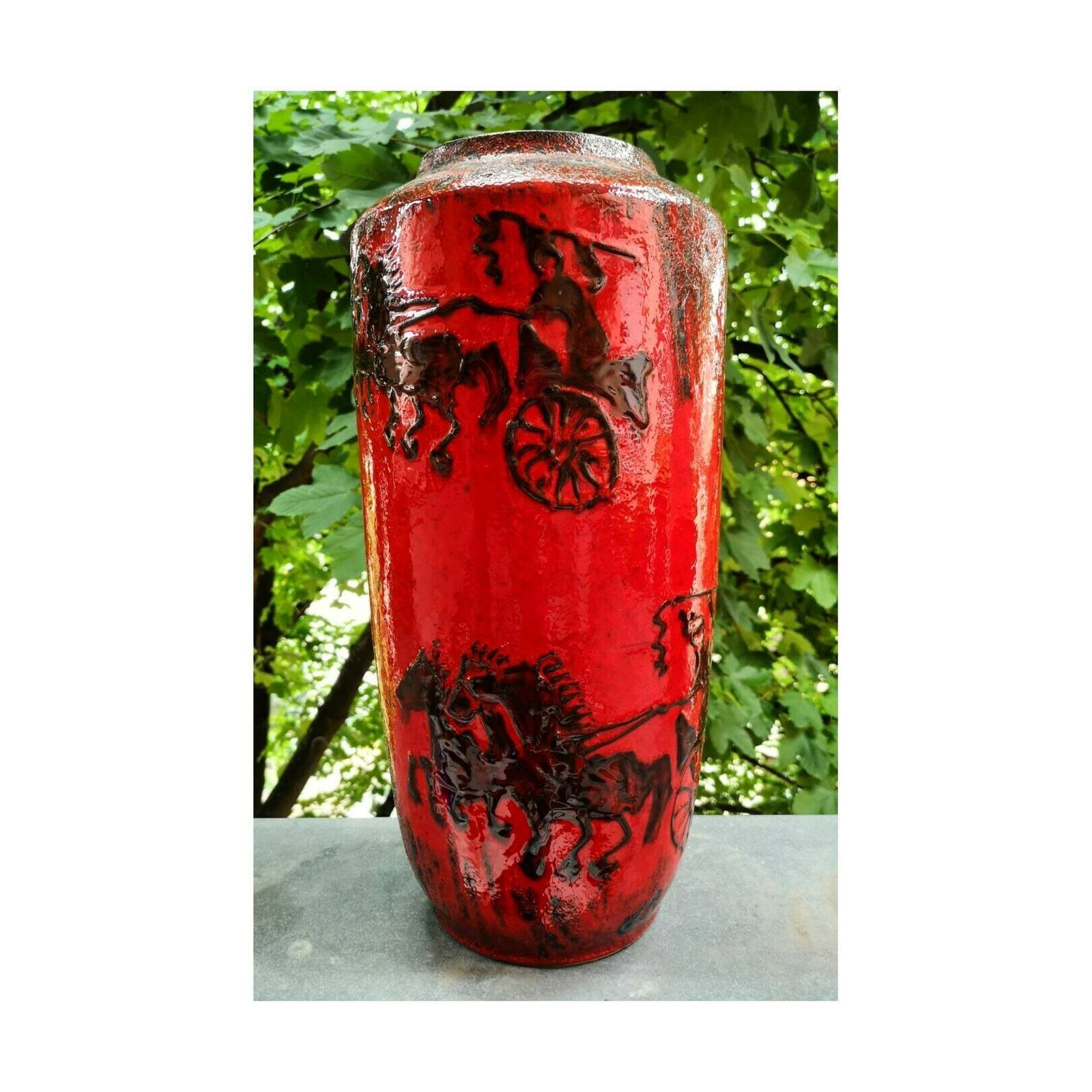 Xxl Mid Century Modern Wedt German Pottery / Scheurich Vase / Fat Lava Ceramic Vase With Motives Of The Chariot Rider / Made In West Germany photo 750.0