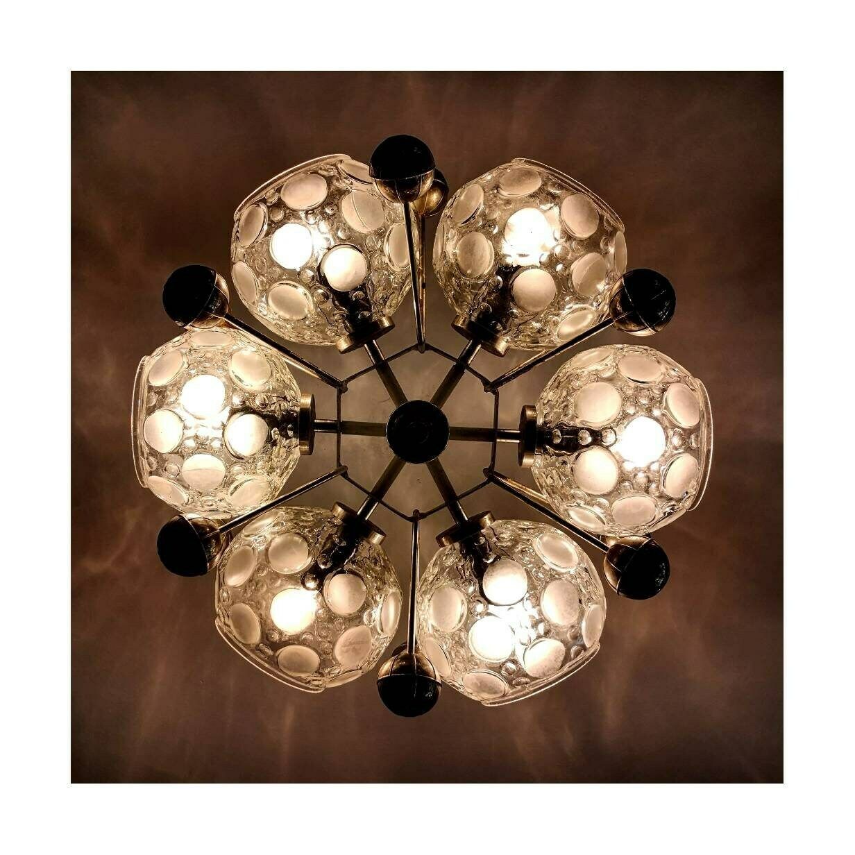 Sputnik Chandelier With 6 Lights In Thick Relief Glass / Space Age Chandelier In Chrome And Glass / Atomic Age Chandelier / Made In Germany