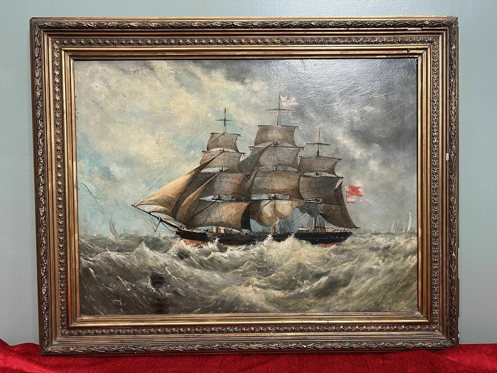 19th Century Maritime Painting Of British Full Rigged Sailing Ship On Rough Seas photo furniture