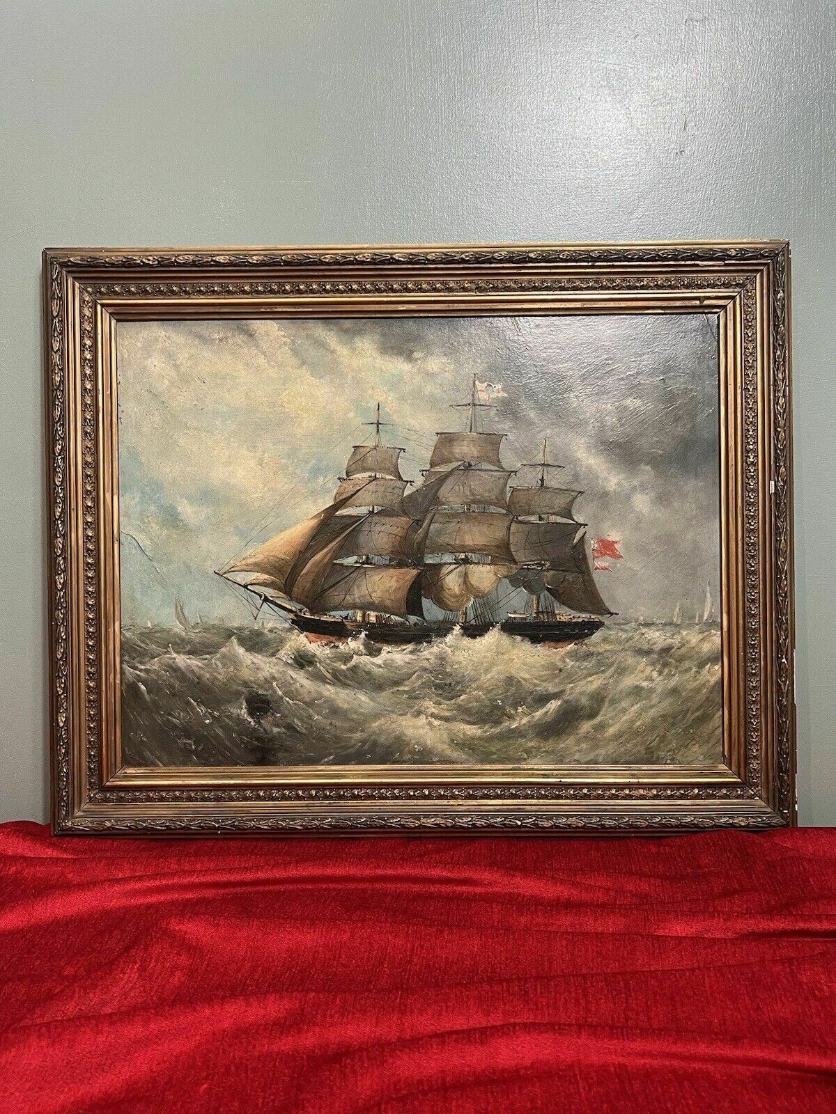 19th Century Maritime Painting Of British Full Rigged Sailing Ship On Rough Seas photo for sale