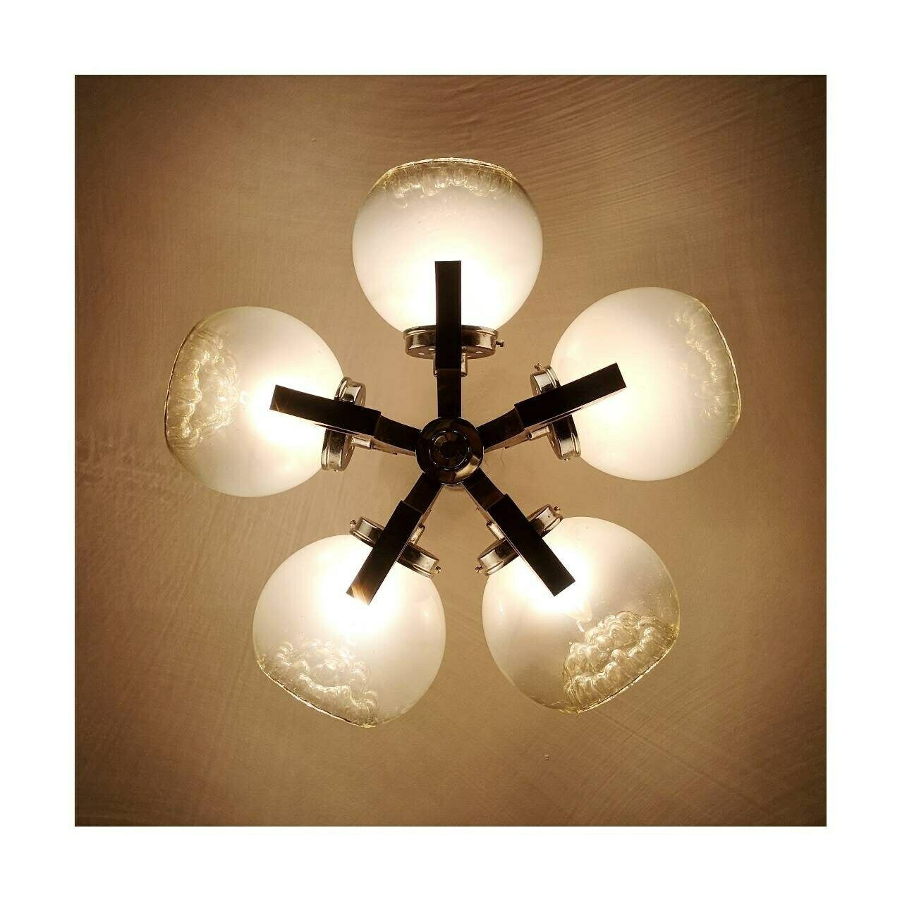 1970s Sculptural Mid Century Chandelier With Five Mazzega Murano Glass Pendants // Massive Mid Century Modern Chandelier // Butterfly Wings photo vinterior