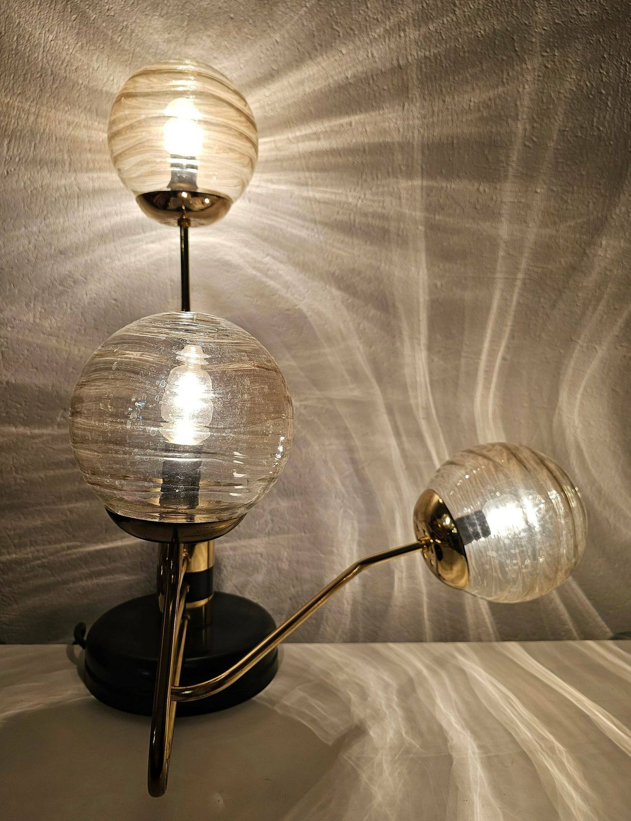 Mid Century Modern 3 Arm Table Lamp In Black And Gold With Texture Glass Ball Shades Made In Yugoslavia In 1960s photo buy
