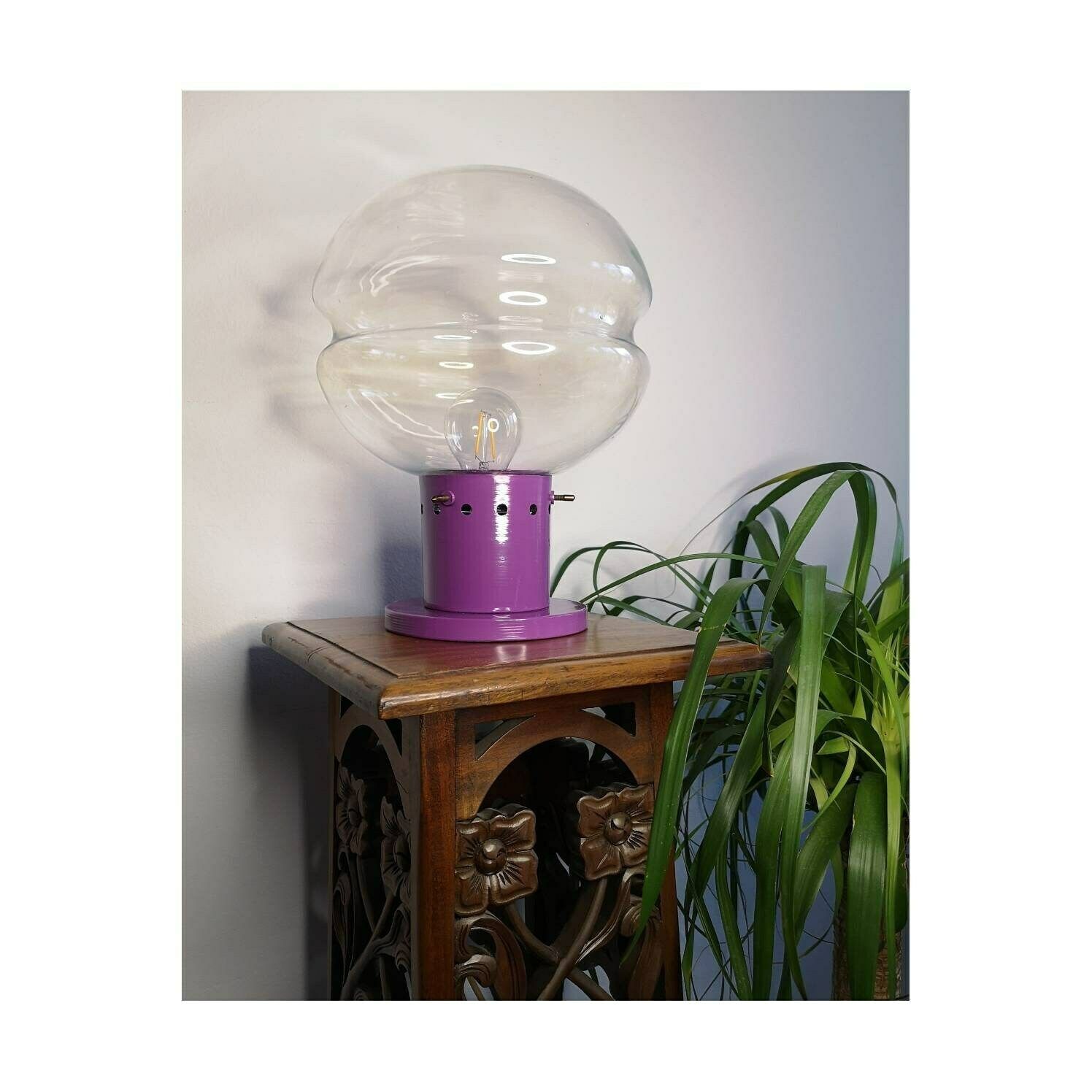 1970s Accent Lamp With A Large Clear Glass Shade // Vintage Purple Table Lamp // Repainted Vintage Lamp // Made In Yugoslavia photo furniture