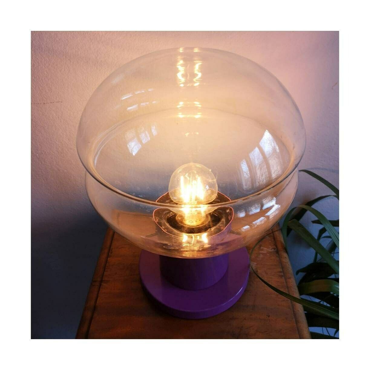 1970s Accent Lamp With A Large Clear Glass Shade // Vintage Purple Table Lamp // Repainted Vintage Lamp // Made In Yugoslavia photo vinterior
