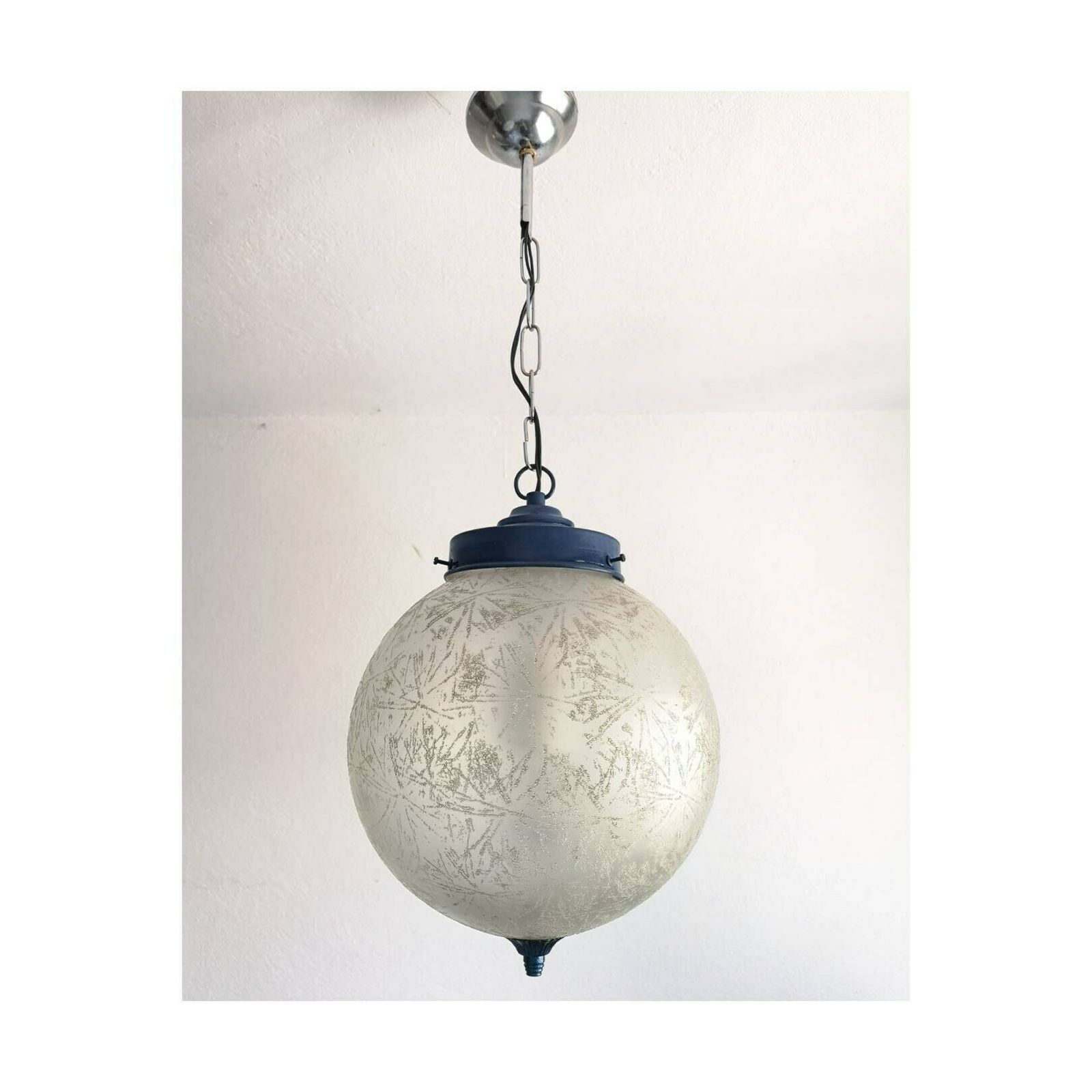 1970s Frosted Glass Light Pendant // Vintage Ice Glass Hanging Lamp // Mid Century Hanging Lamp, Made In Yugoslavia photo 225.0