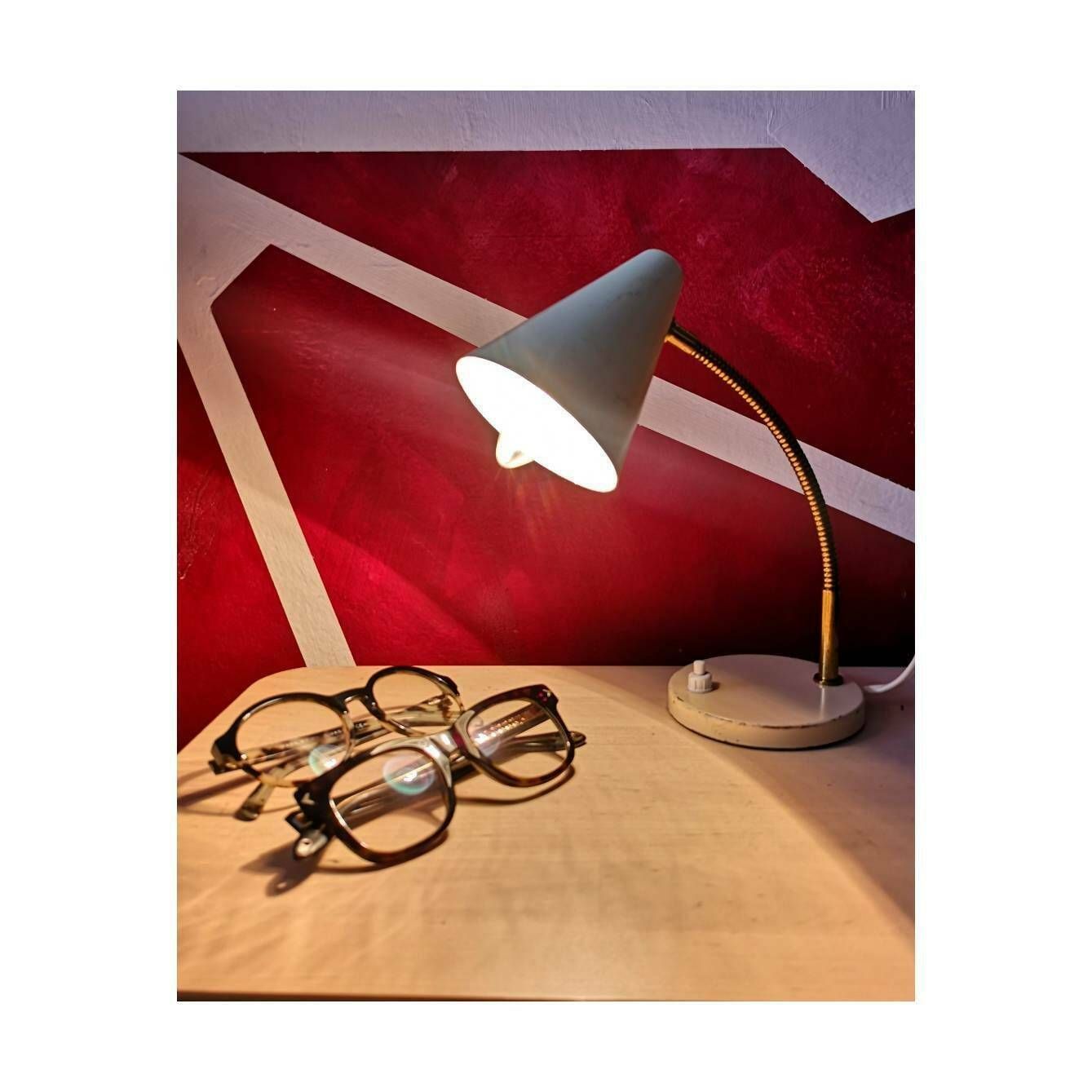 1960s Small Trumpet Gooseneck Desk Lamp // Vintage Offuce Lamp With Adjustable Brass Gooseneck // Made In Yugoslavia photo for sale
