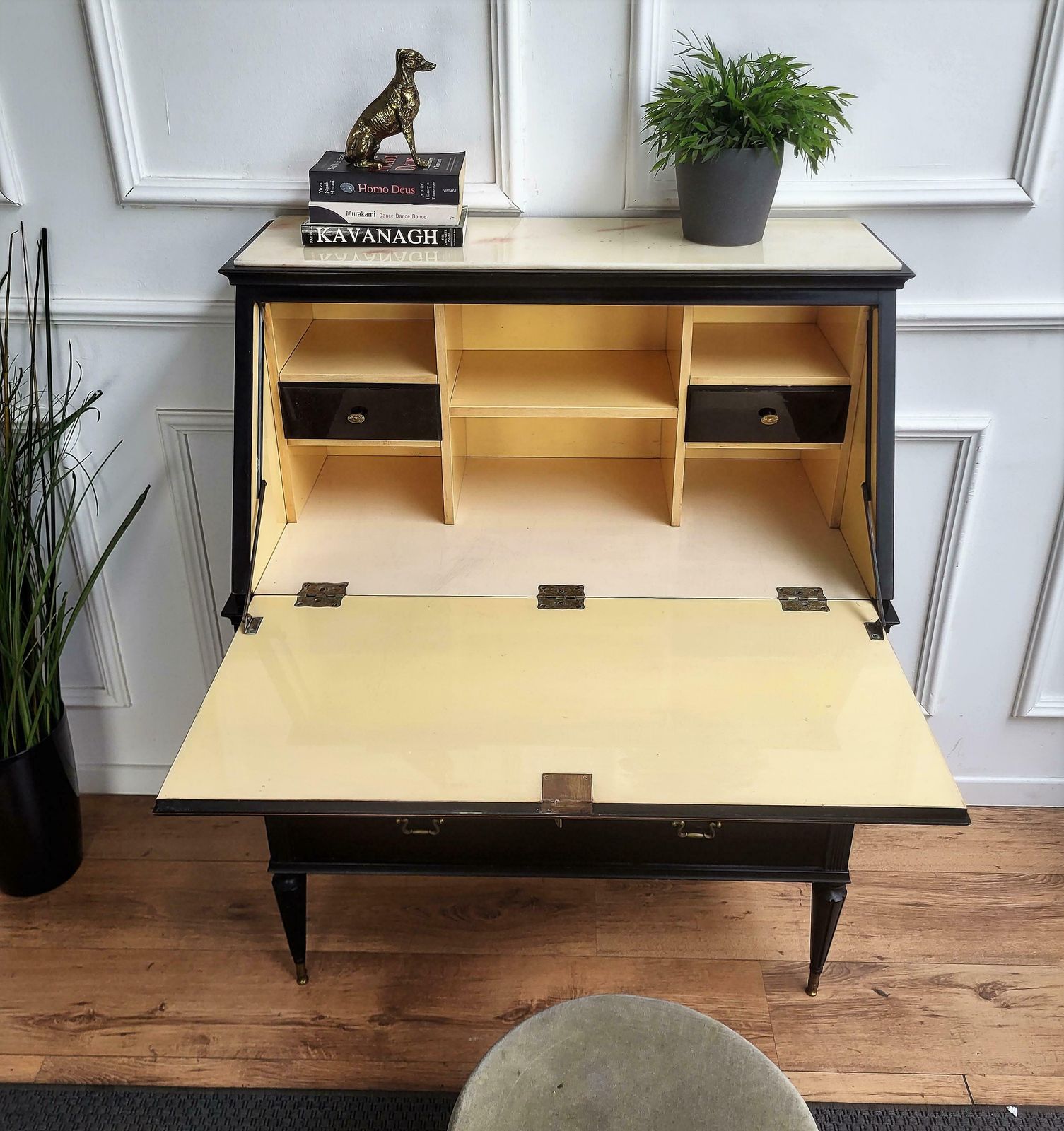 1960s Italian Art Deco Midcentury Walnut Marble Slant Front Desk Table Secretary photo vinterior