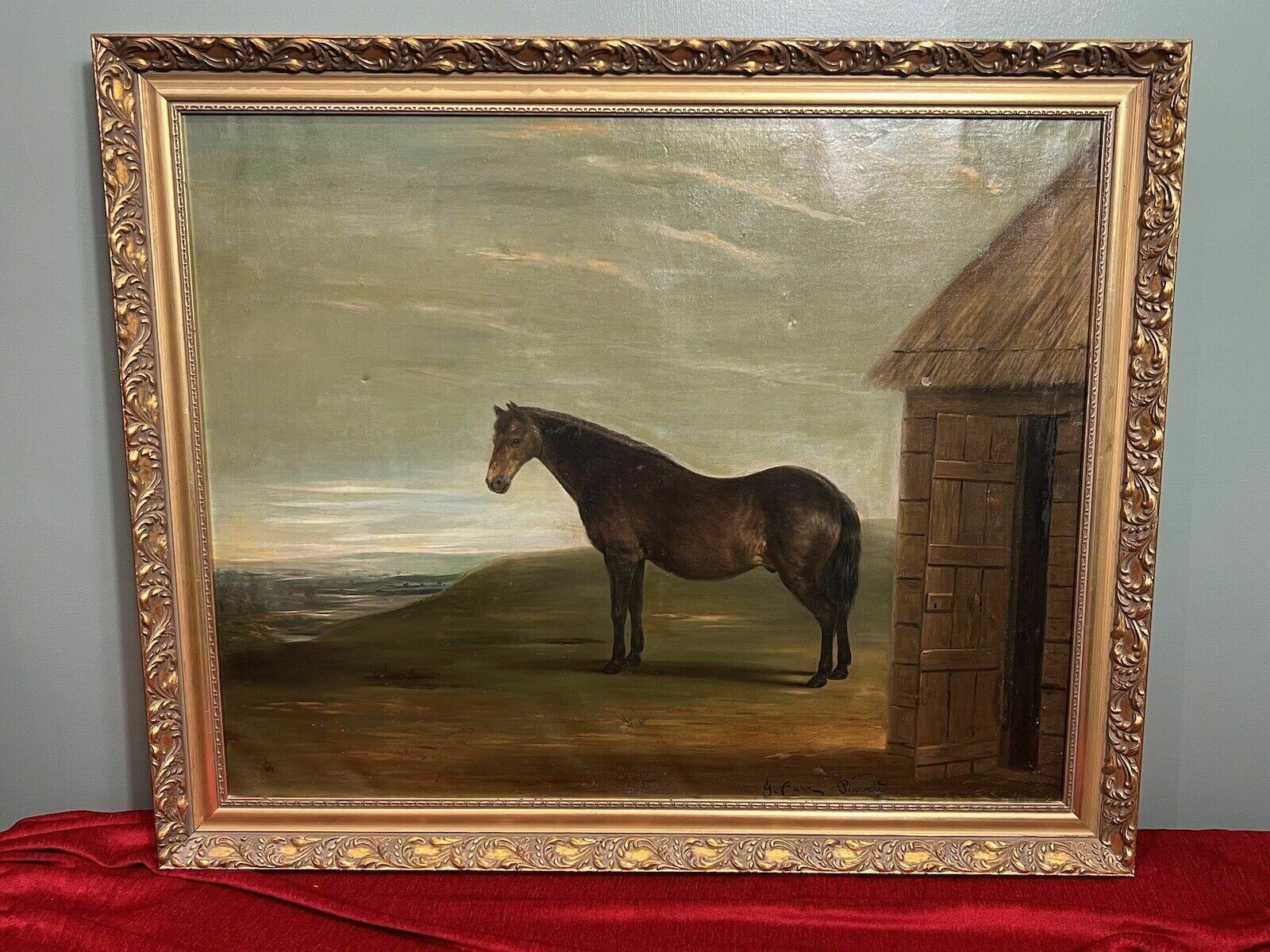 19th Century Oil Painting Of Chestnut Horse By Stable Signed J Carr Pinnit photo for sale