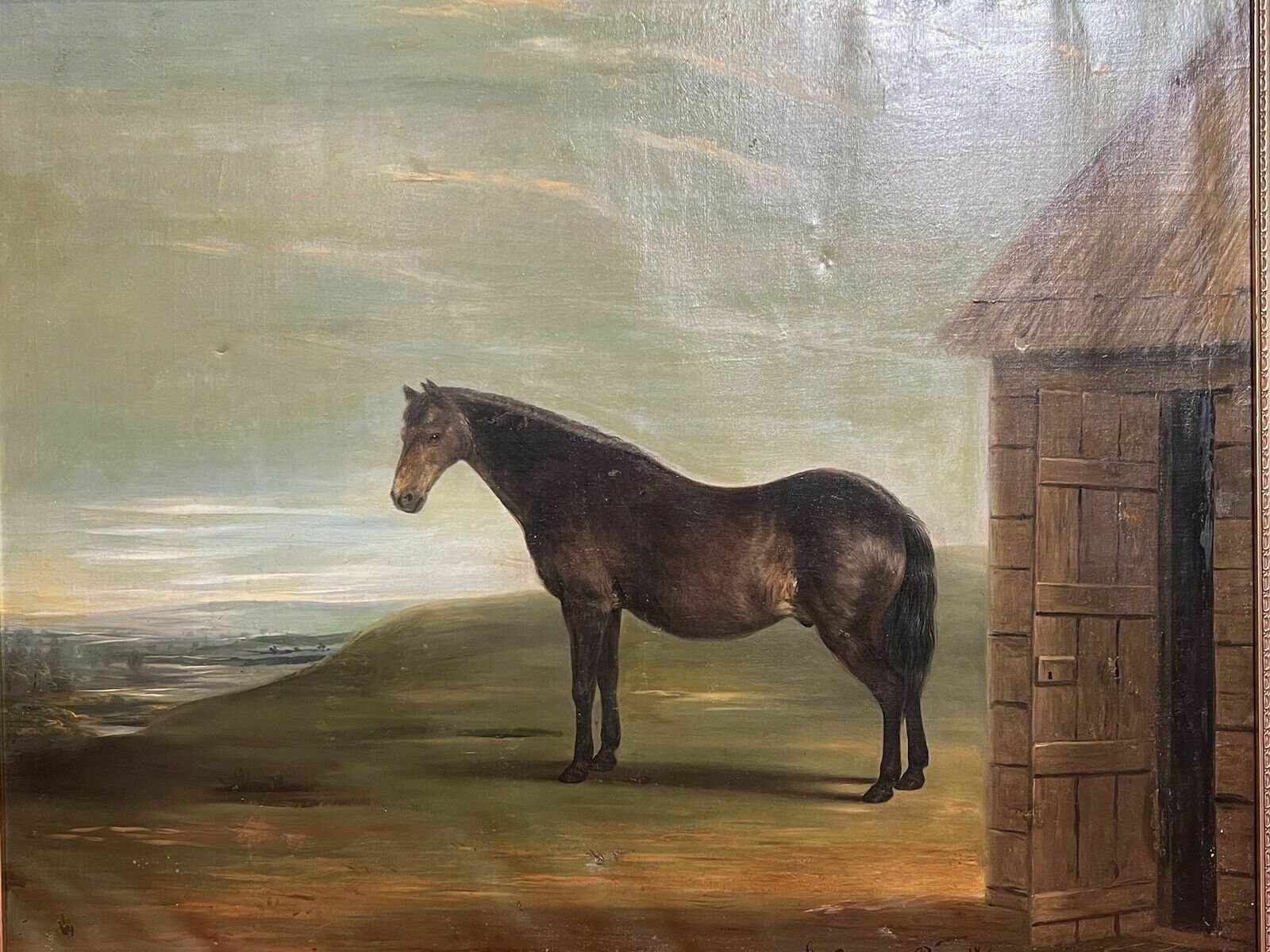 19th Century Oil Painting Of Chestnut Horse By Stable Signed J Carr Pinnit photo vinterior
