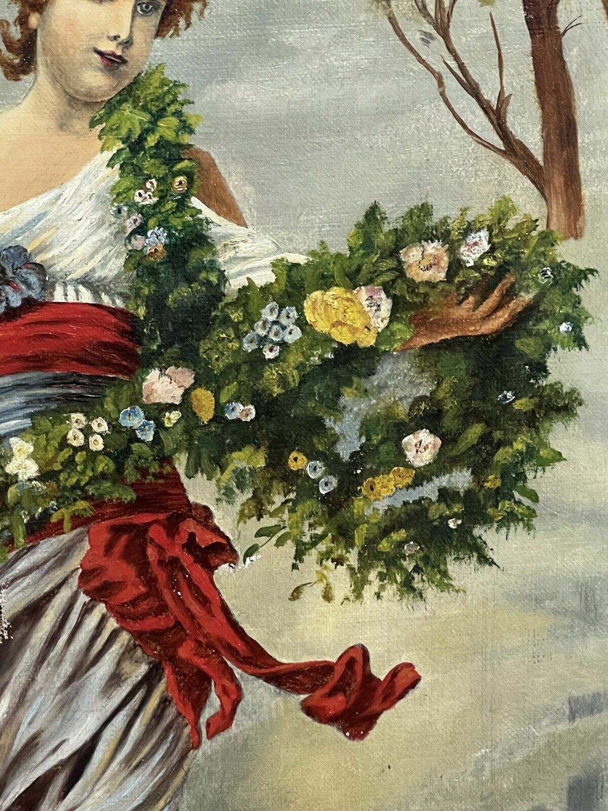 Art Austrian Viennese Winter Landscape With Enchanting Woman Holding Floral Garland photo