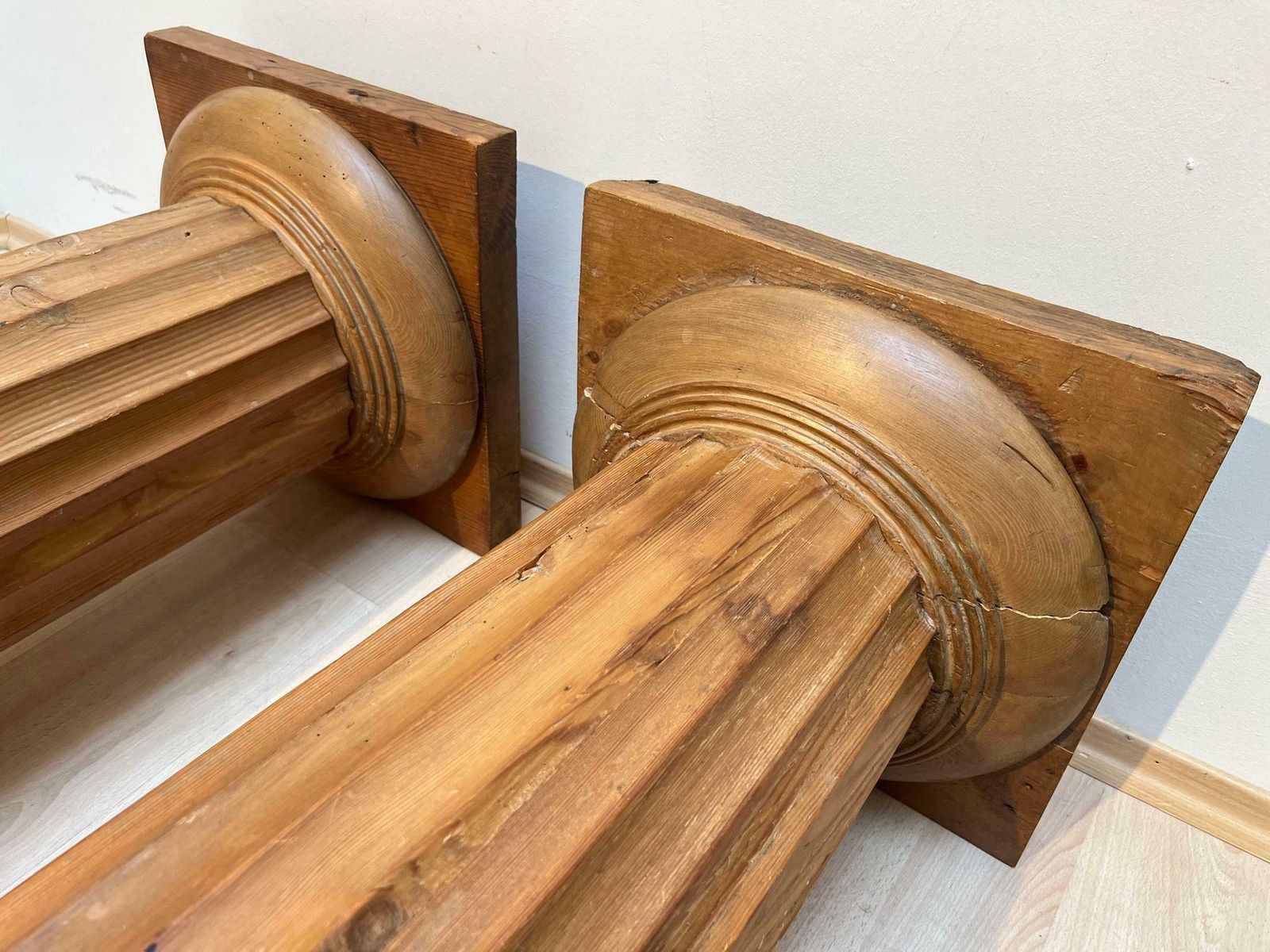 photo for sale Pair Of Large Neoclassical Columns, Pine Wood, France Circa 1910