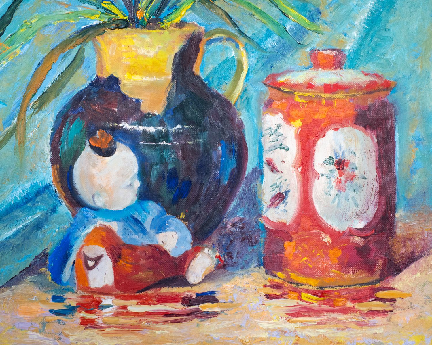 Fine Original Mid Century Still Life Oil Painting With Japanese Kutani Porcelain. Signed P. Hunt photo furniture