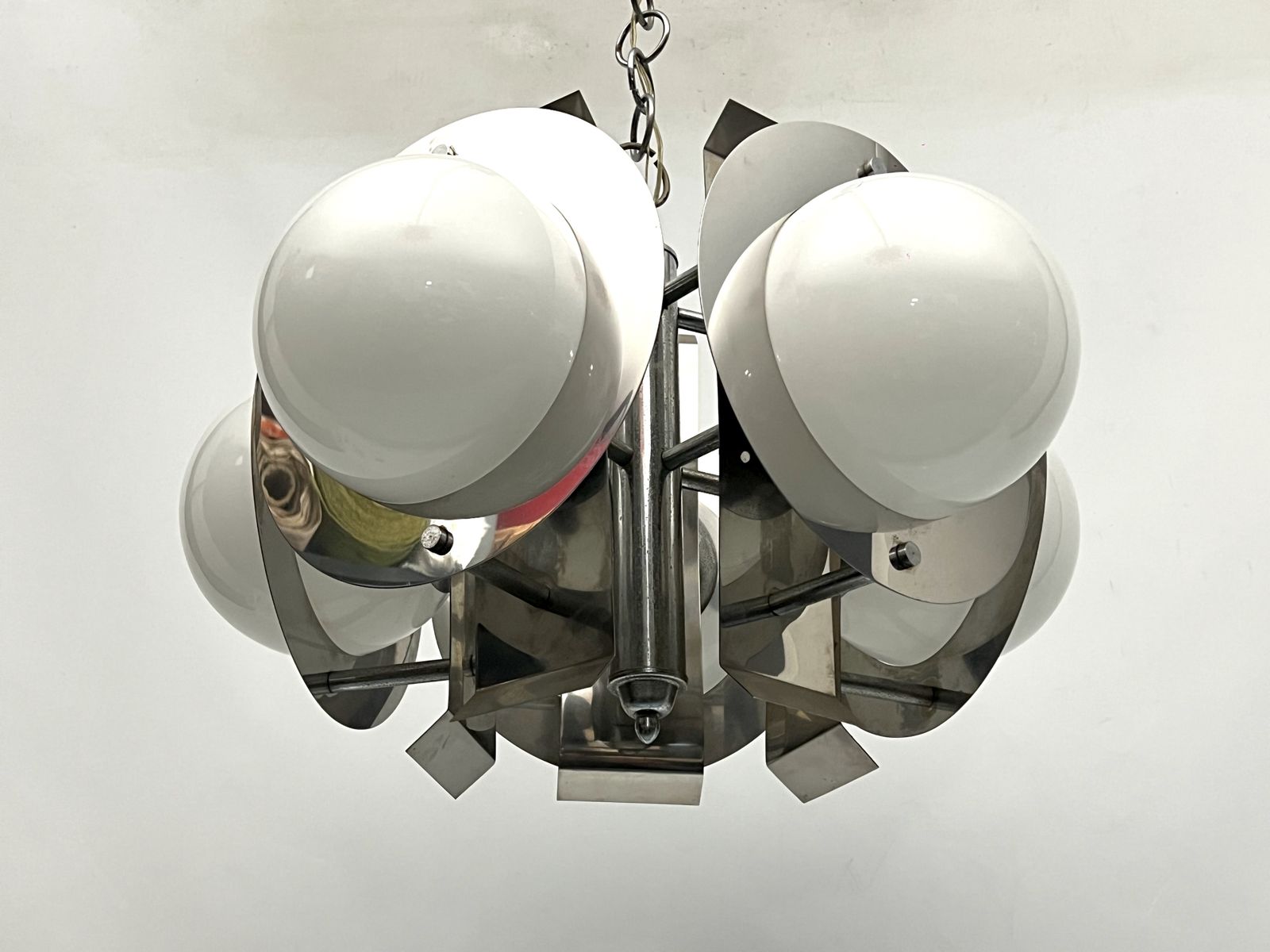Space Age Five Lights Chandelier In Chrome And White Glass. Italy 1970s photo furniture