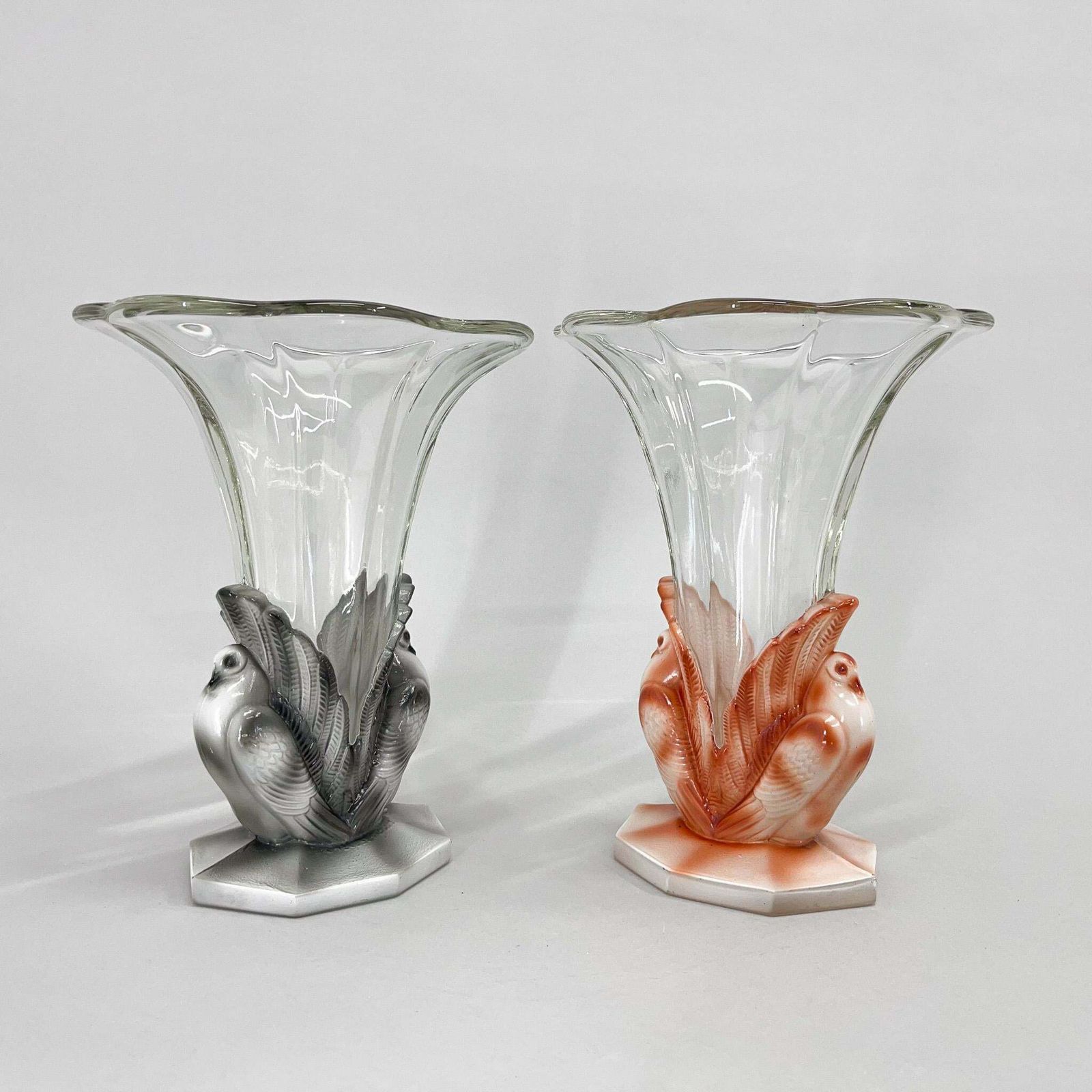 Set Of Two Art Deco Dove Birds Glass Vases By Josef Feigl, 1930s photo furniture