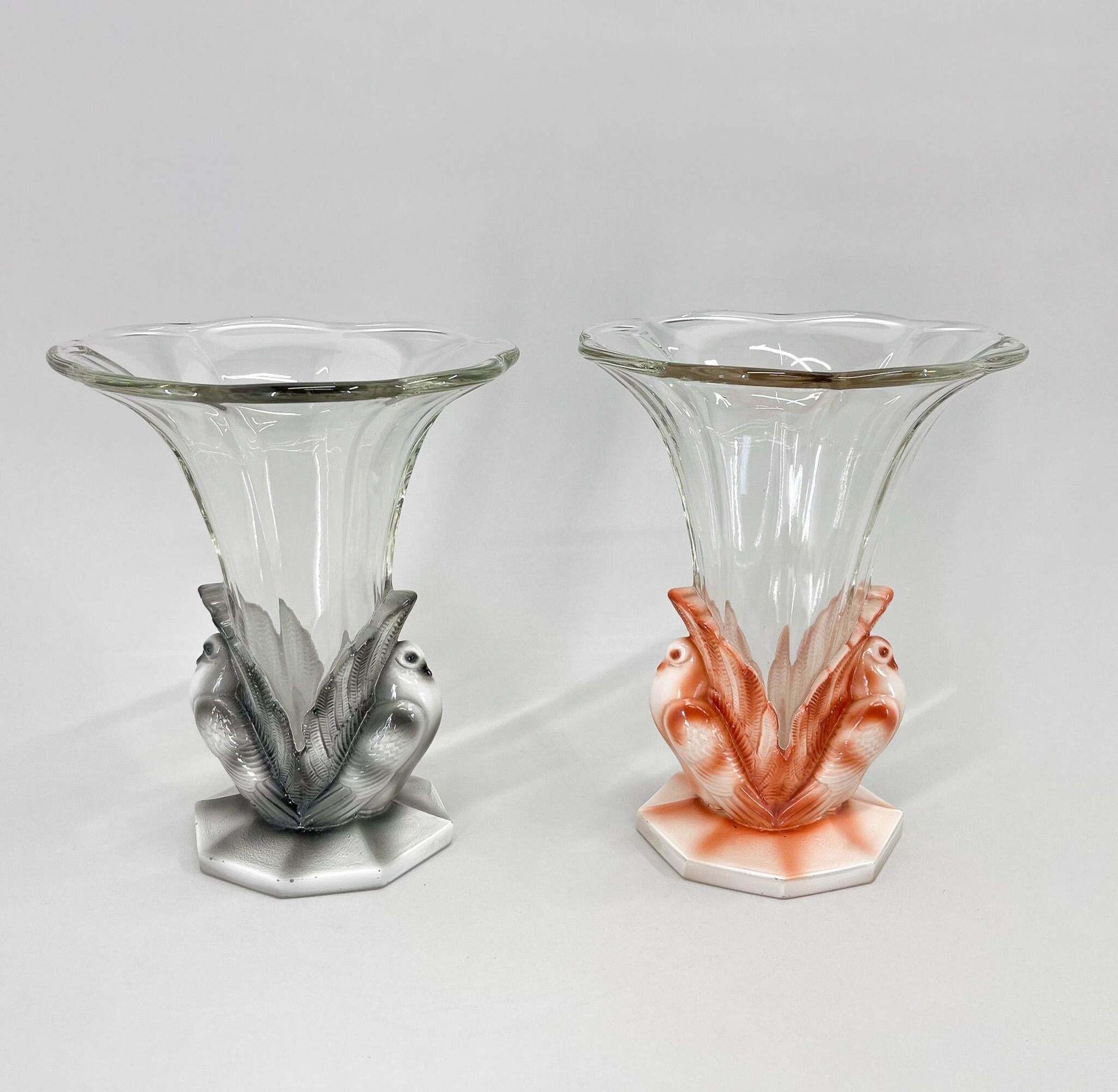 Set Of Two Art Deco Dove Birds Glass Vases By Josef Feigl, 1930s photo for sale