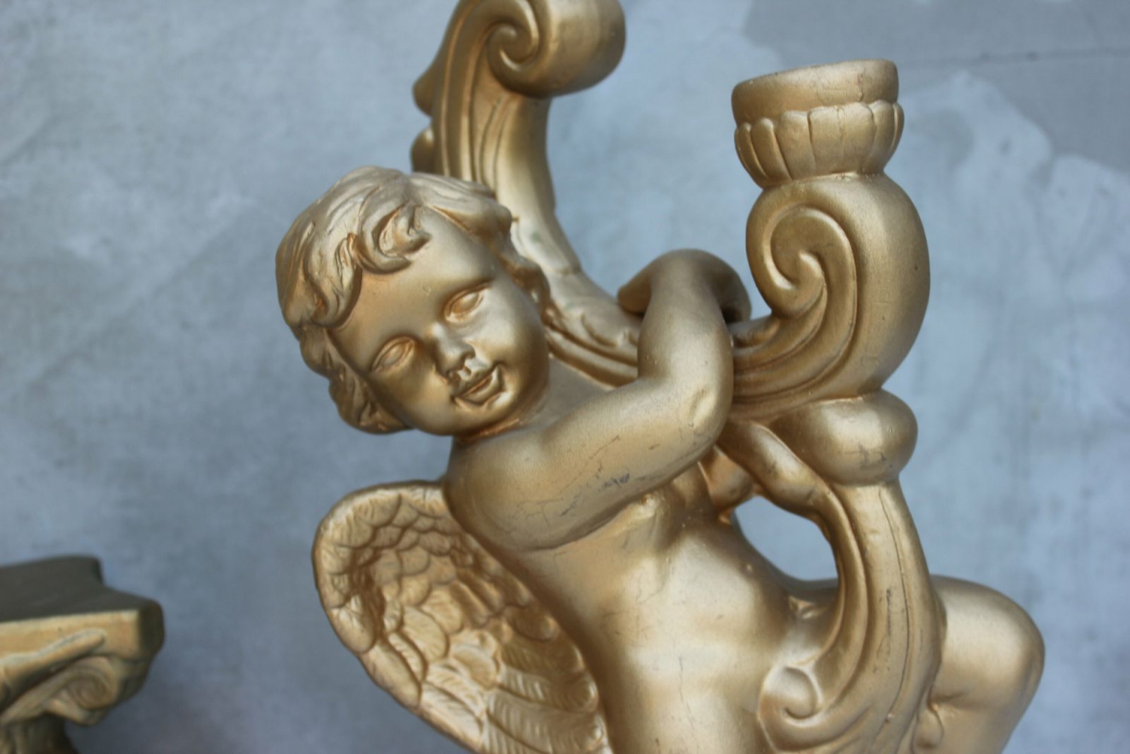 Golden French Cherub Candlestick Baroque Fireplace Accent, A Stunning Gypsum Cherub Christmas Decoration photo 128.0