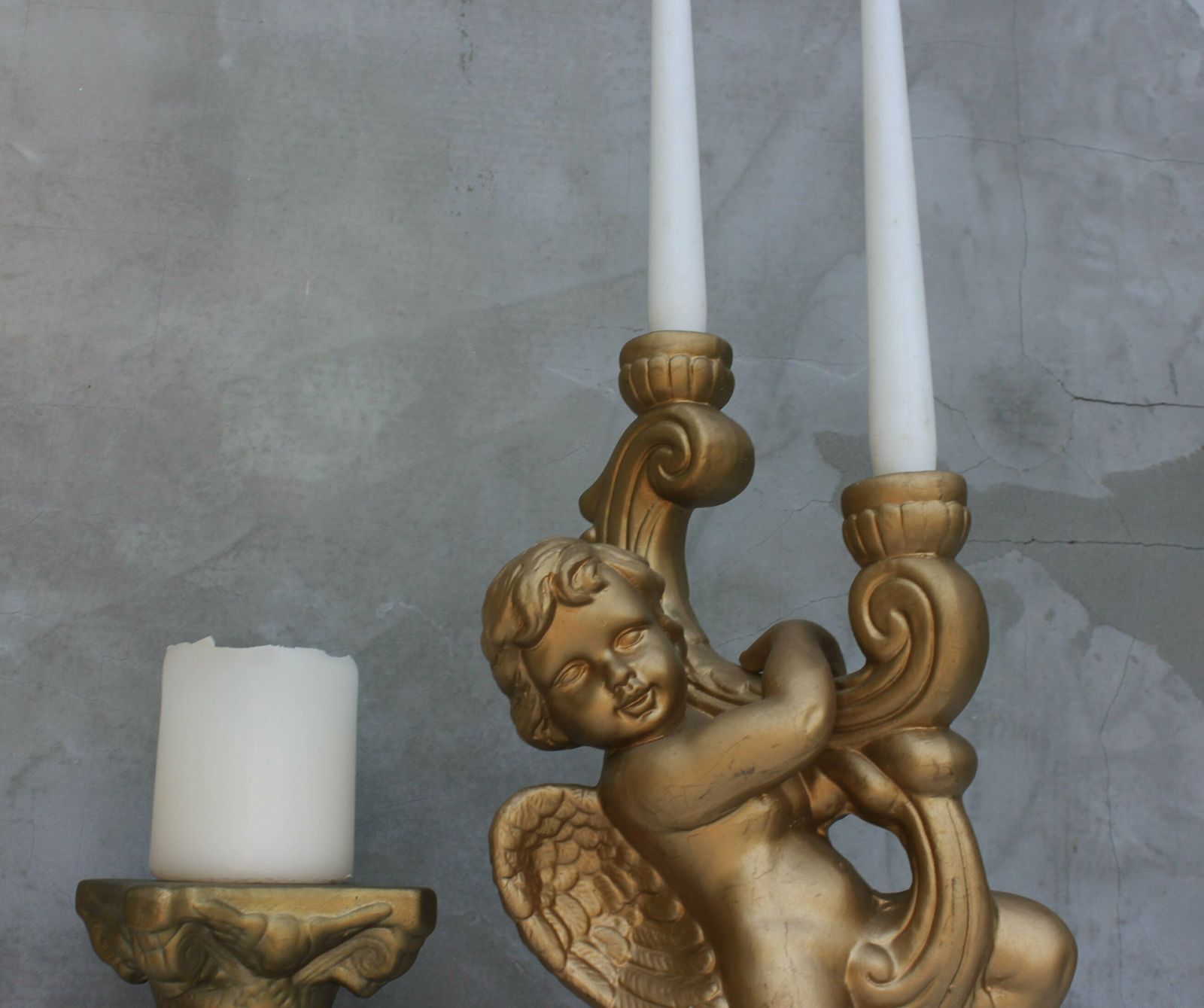 Golden French Cherub Candlestick Baroque Fireplace Accent, A Stunning Gypsum Cherub Christmas Decoration photo buy