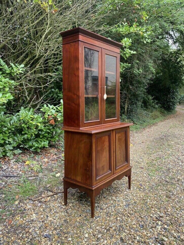 photo for sale Compact Antique Early C20th Glazed Mahogany Display China Cabinet Bookcase