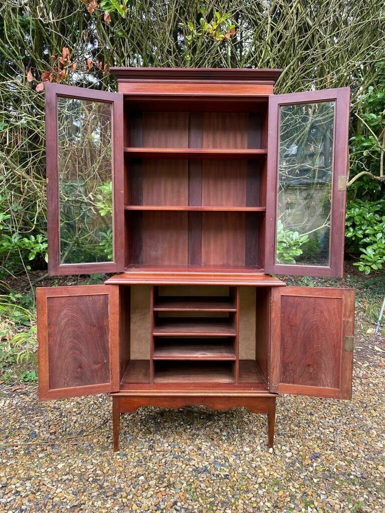 Furniture Compact Antique Early C20th Glazed Mahogany Display China Cabinet Bookcase photo