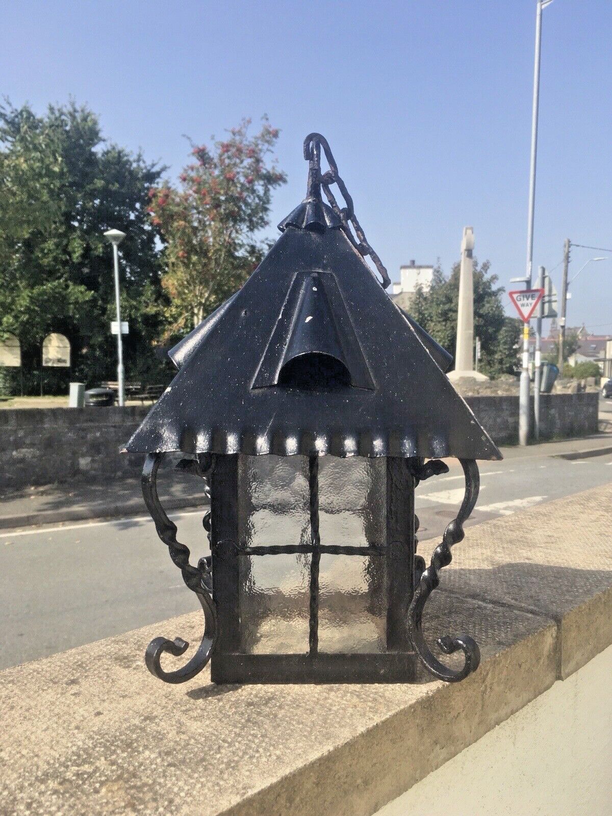 Antique Arts & Crafts Wrought Iron Glass Lantern Porch Lamp Light Art Nouveau photo vinterior