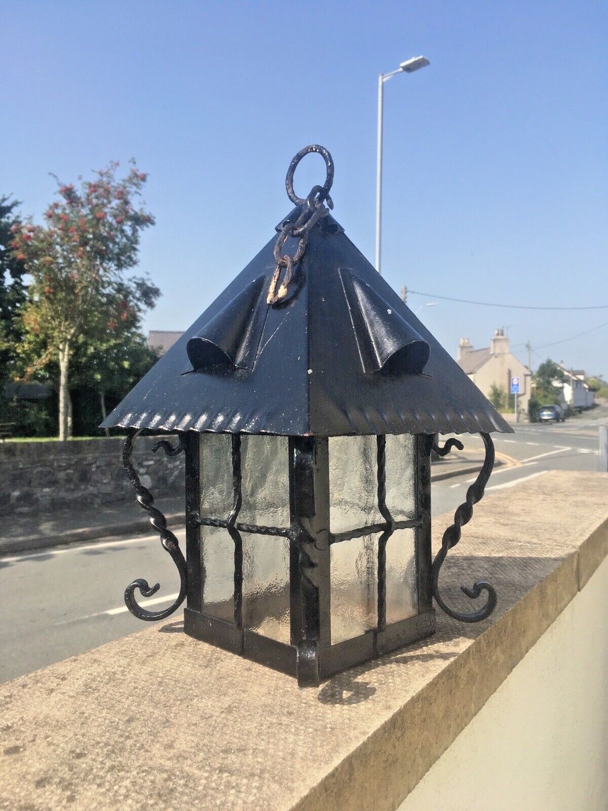 Antique Arts & Crafts Wrought Iron Glass Lantern Porch Lamp Light Art Nouveau photo buy