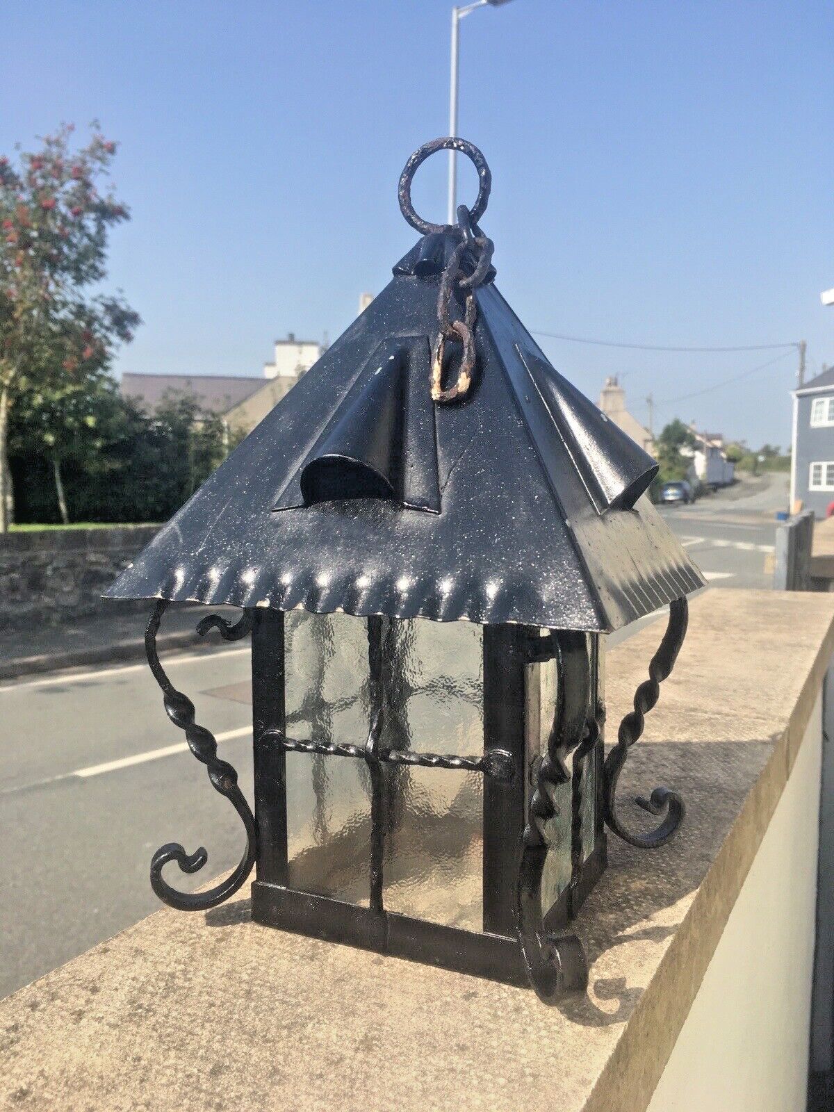 Antique Arts & Crafts Wrought Iron Glass Lantern Porch Lamp Light Art Nouveau photo vintage