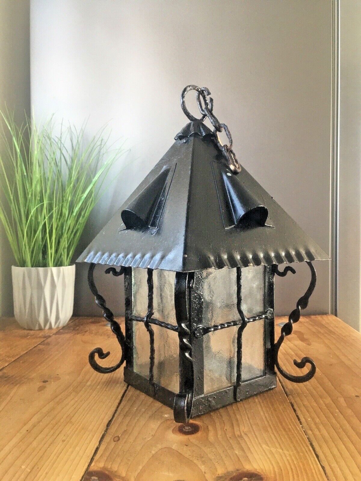 Lighting Antique Arts & Crafts Wrought Iron Glass Lantern Porch Lamp Light Art Nouveau photo
