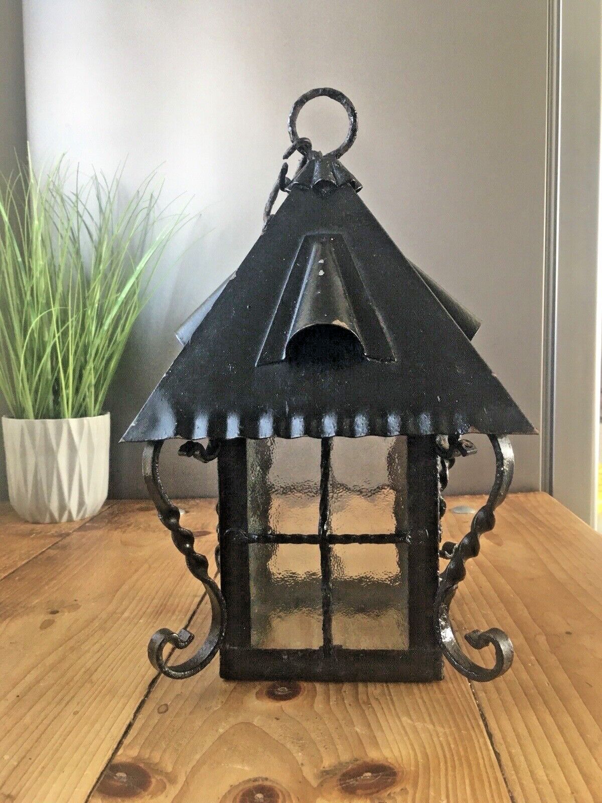 photo buy Antique Arts & Crafts Wrought Iron Glass Lantern Porch Lamp Light Art Nouveau