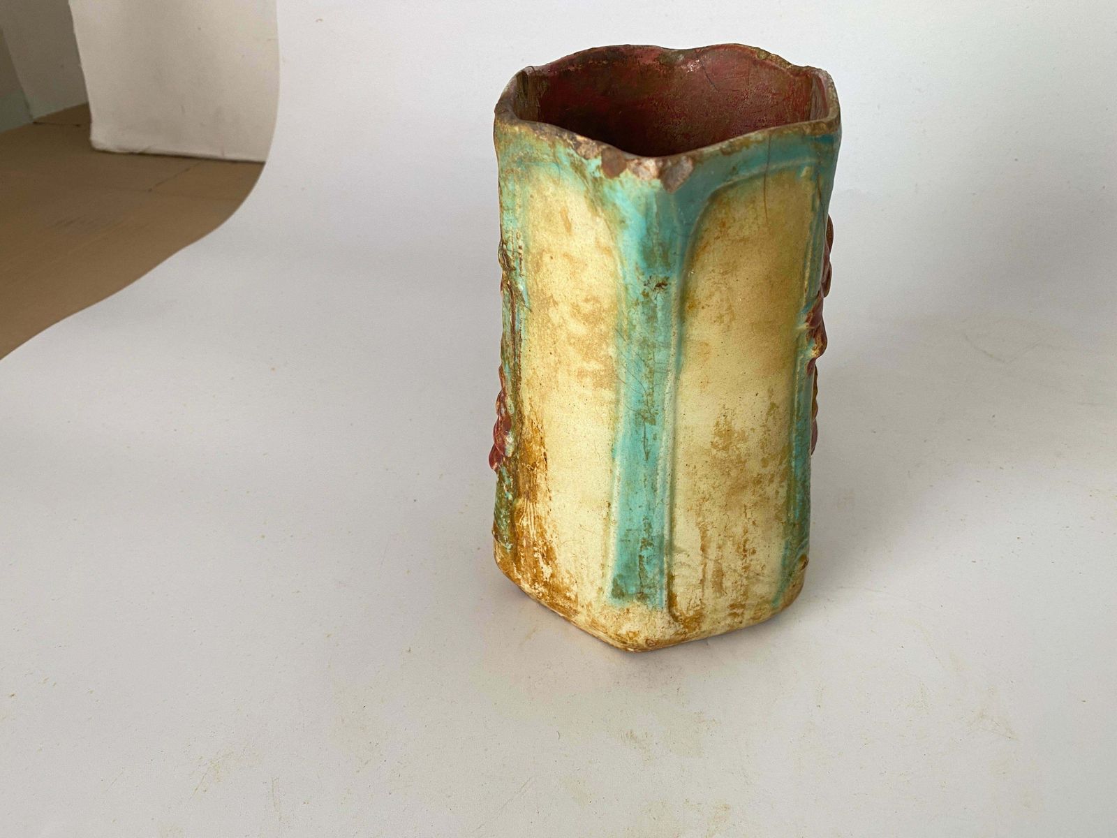 Majolica Pitcher Circa 1900 Red Reen And Beige Colors France photo vinterior