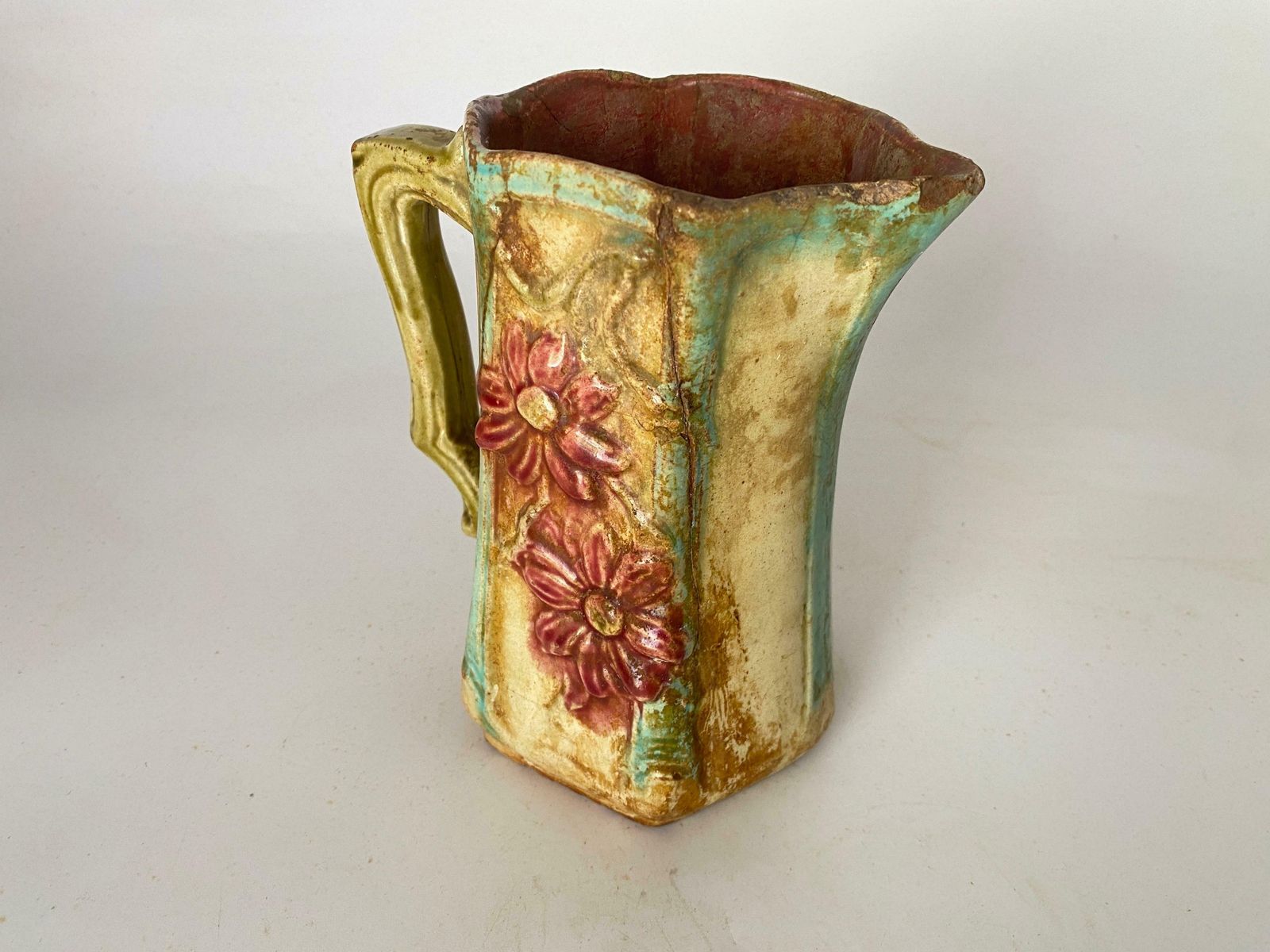 Majolica Pitcher Circa 1900 Red Reen And Beige Colors France photo vintage
