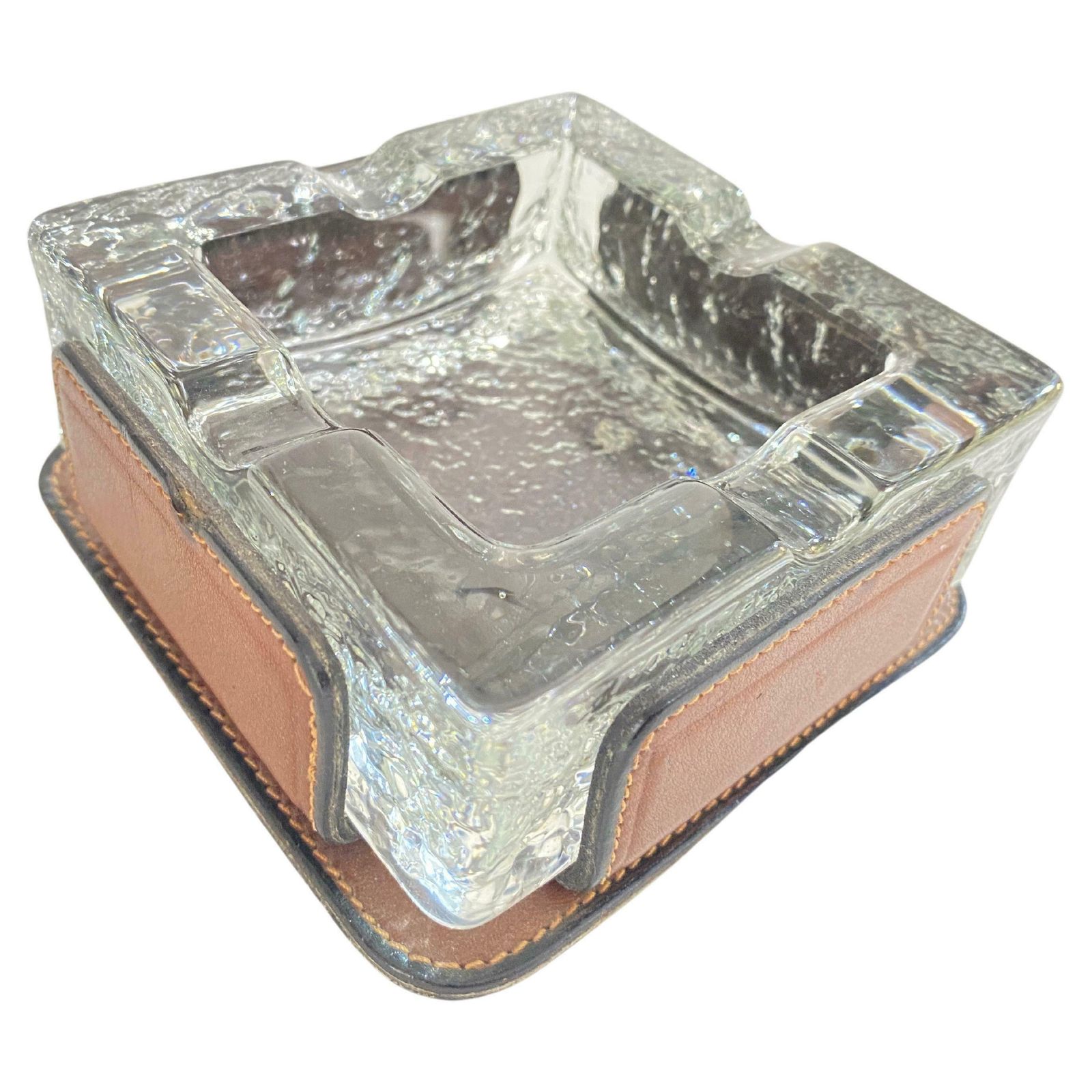Ashtray In Glass With A Stitched Leather Cover, Brown Color, France 1970