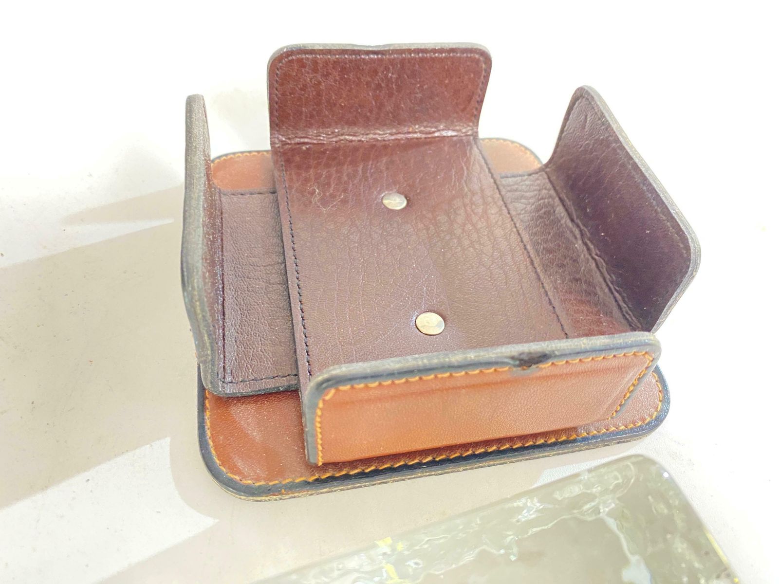 Ashtray In Glass With A Stitched Leather Cover, Brown Color, France 1970 photo for sale