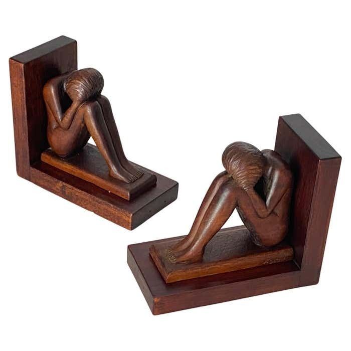 Pair Of Art Deco Birds Book Ends, Wood, Brown France, 1940
