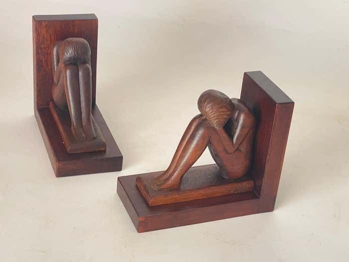 Pair Of Art Deco Birds Book Ends, Wood, Brown France, 1940 photo buy